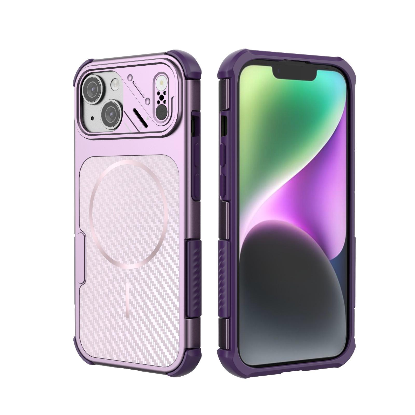 For iPhone 15 Rugged Carbon Fiber Texture Airbag Shockproof Magnetic Phone Case(Purple) - Shopkiz.com