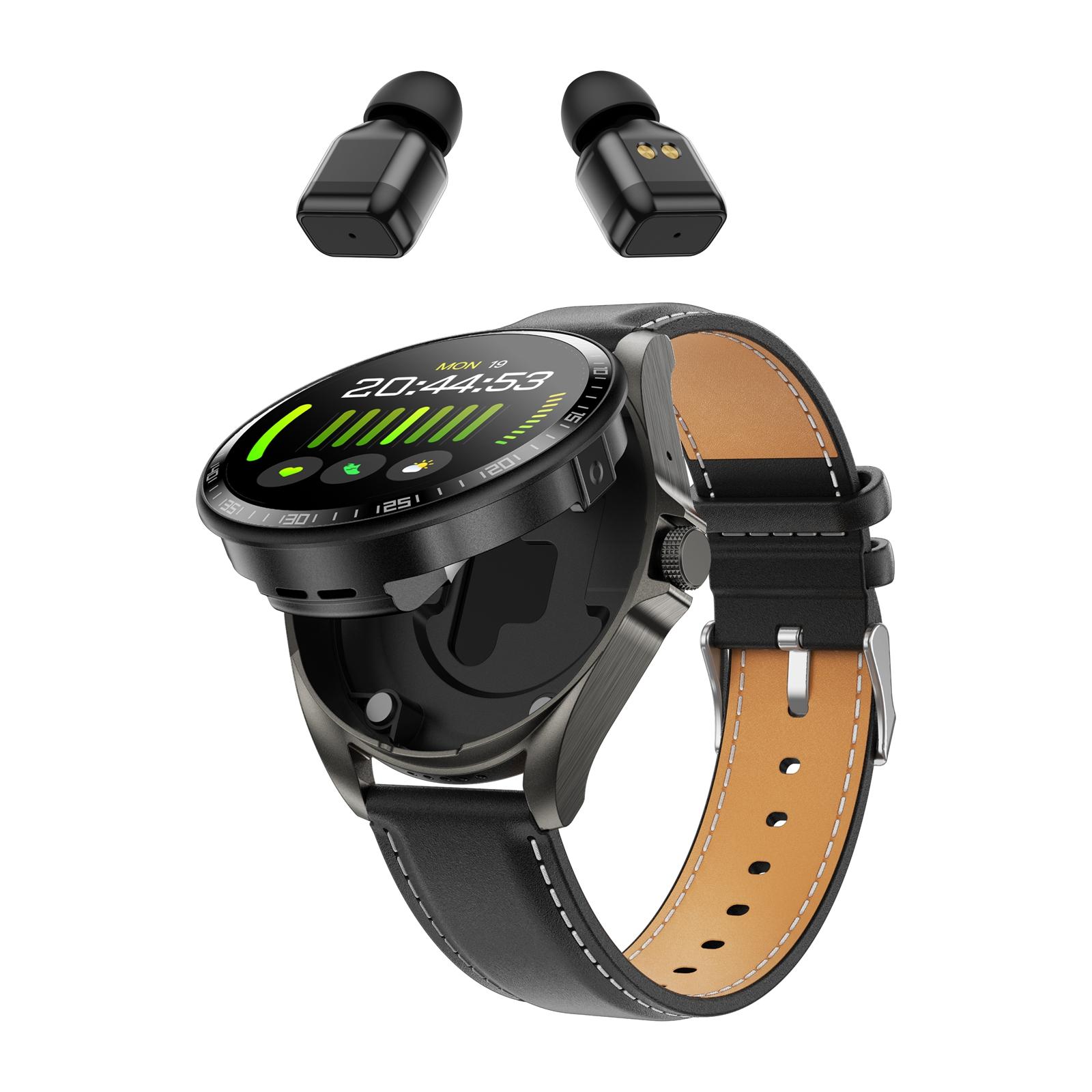 F36 1.46 inch HD Screen 2 in 1 Wireless Earphone Smart Watch, Support Dual-Device Connection(Black+Black PU Leather) - Shopkiz.com
