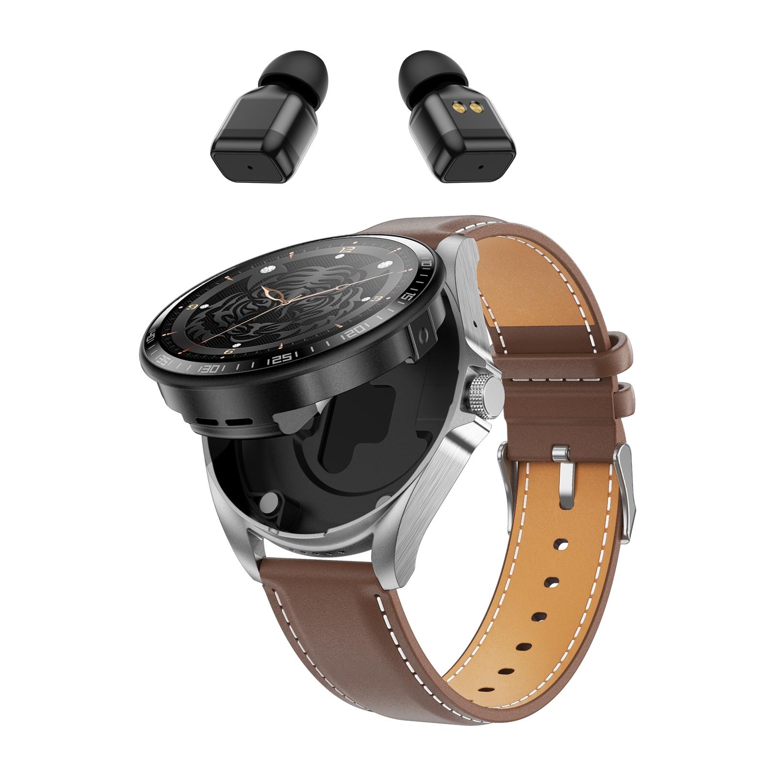 F36 1.46 inch HD Screen 2 in 1 Wireless Earphone Smart Watch, Support Dual-Device Connection(Silver+Brown PU Leather) - Shopkiz.com