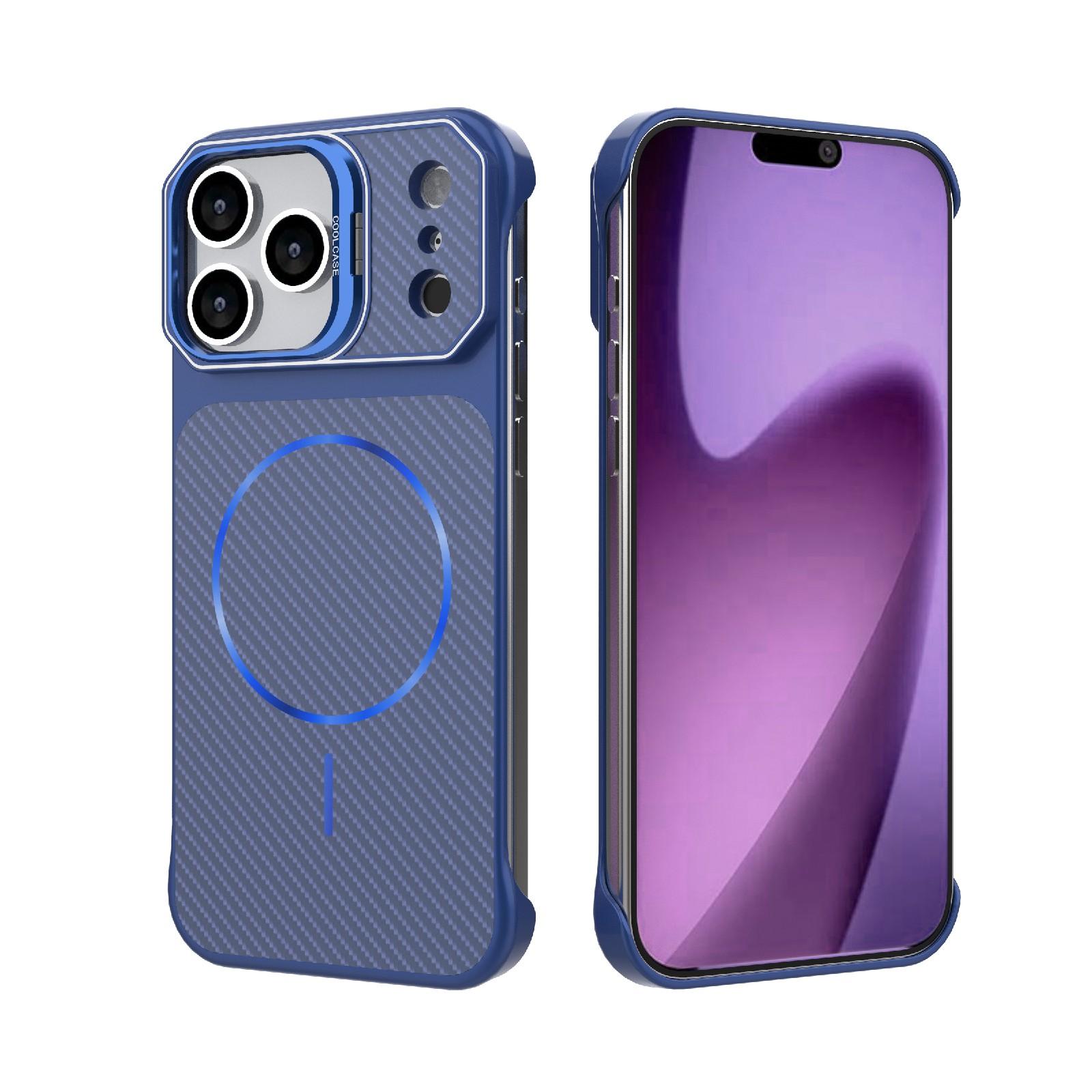 For iPhone 17 Pro Max Frameless Half-Wrapped Carbon Fiber Texture PC Magnetic Phone Case(Blue) - Shopkiz.com