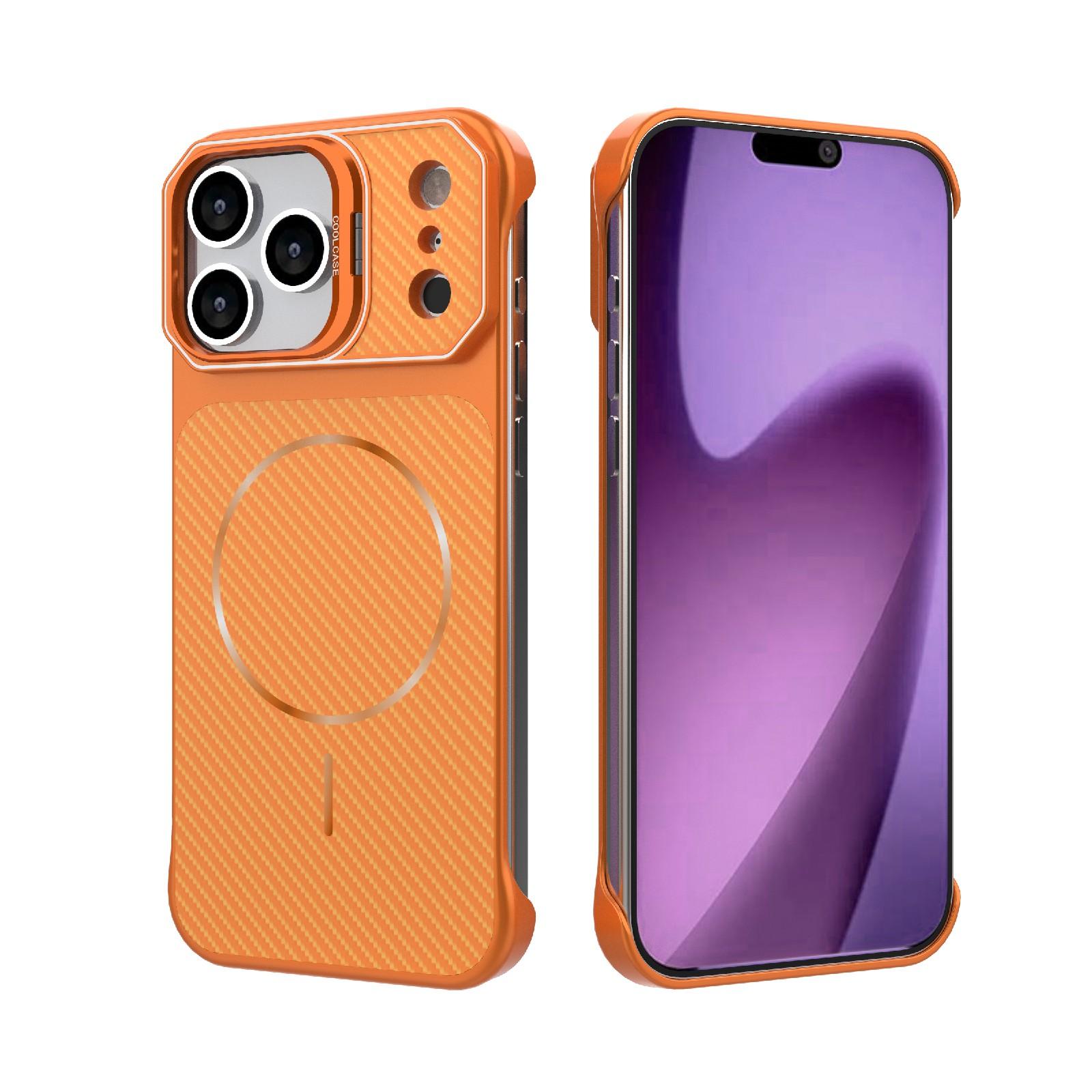 For iPhone 17 Pro Max Frameless Half-Wrapped Carbon Fiber Texture PC Magnetic Phone Case(Orange) - Shopkiz.com