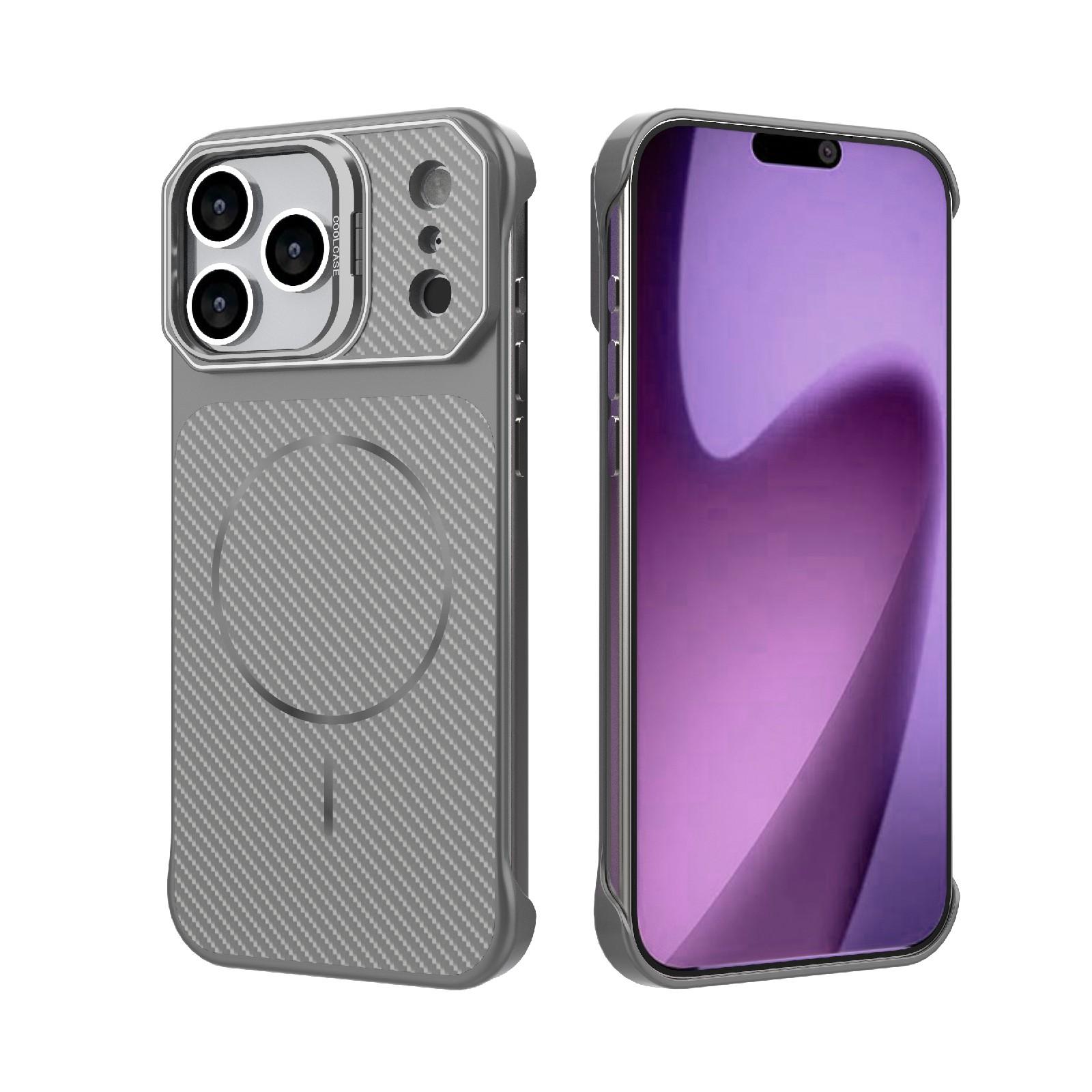For iPhone 18 Pro Max Frameless Half-Wrapped Carbon Fiber Texture PC Magnetic Phone Case(Gray) - Shopkiz.com