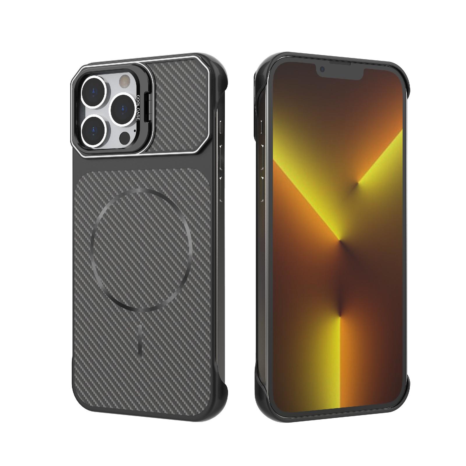 For iPhone 13 Pro Max Frameless Half-Wrapped Carbon Fiber Texture PC Magnetic Phone Case(Black) - Shopkiz.com