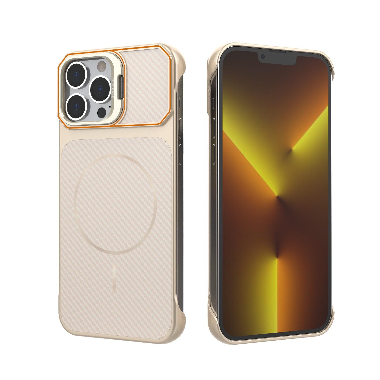For iPhone 13 Pro Max Frameless Half-Wrapped Carbon Fiber Texture PC Magnetic Phone Case(Rose Gold) - Shopkiz.com