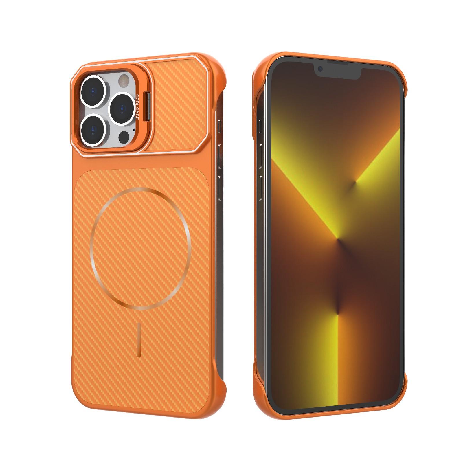 For iPhone 13 Pro Max Frameless Half-Wrapped Carbon Fiber Texture PC Magnetic Phone Case(Orange) - Shopkiz.com