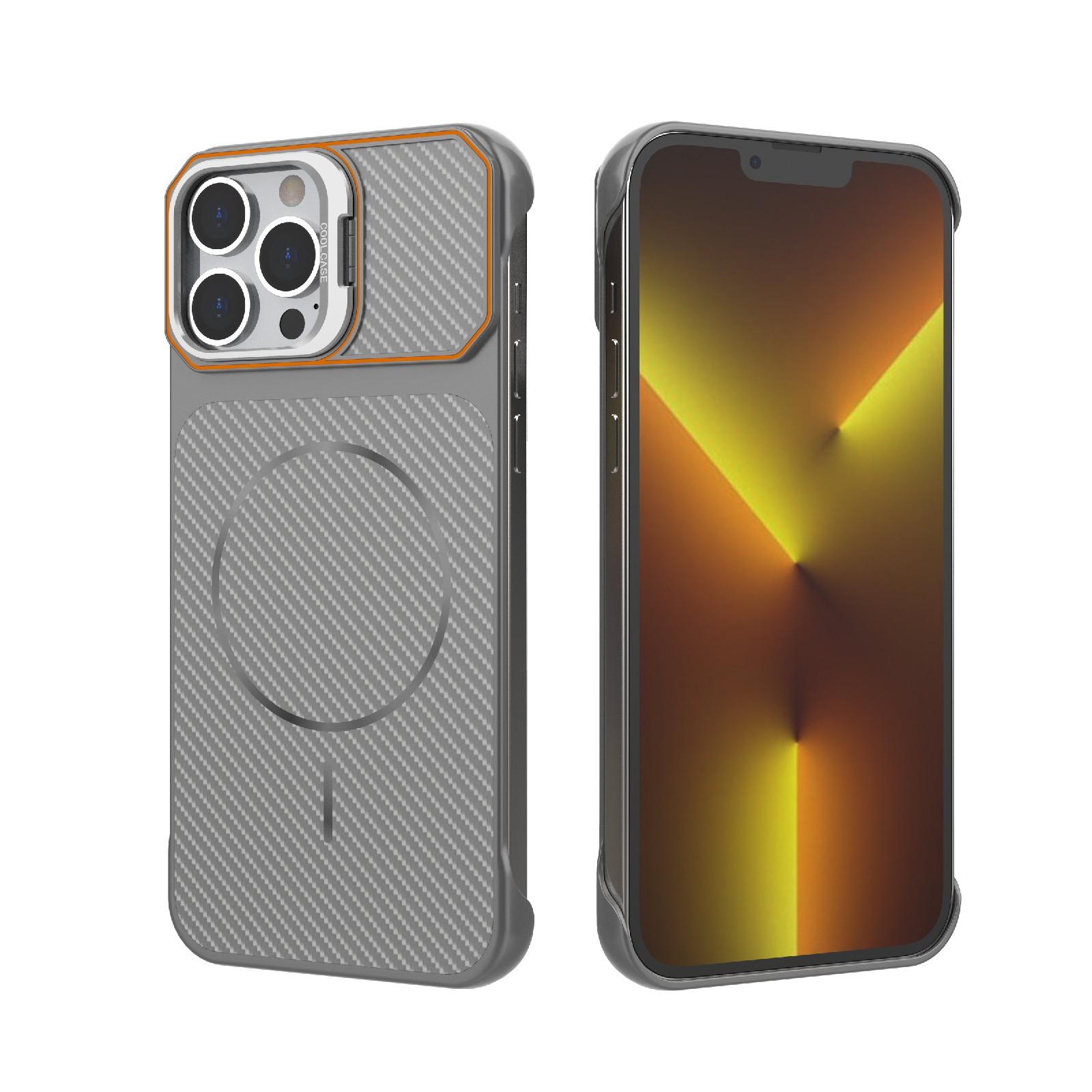 For iPhone 13 Pro Max Frameless Half-Wrapped Carbon Fiber Texture PC Magnetic Phone Case(Gray) - Shopkiz.com