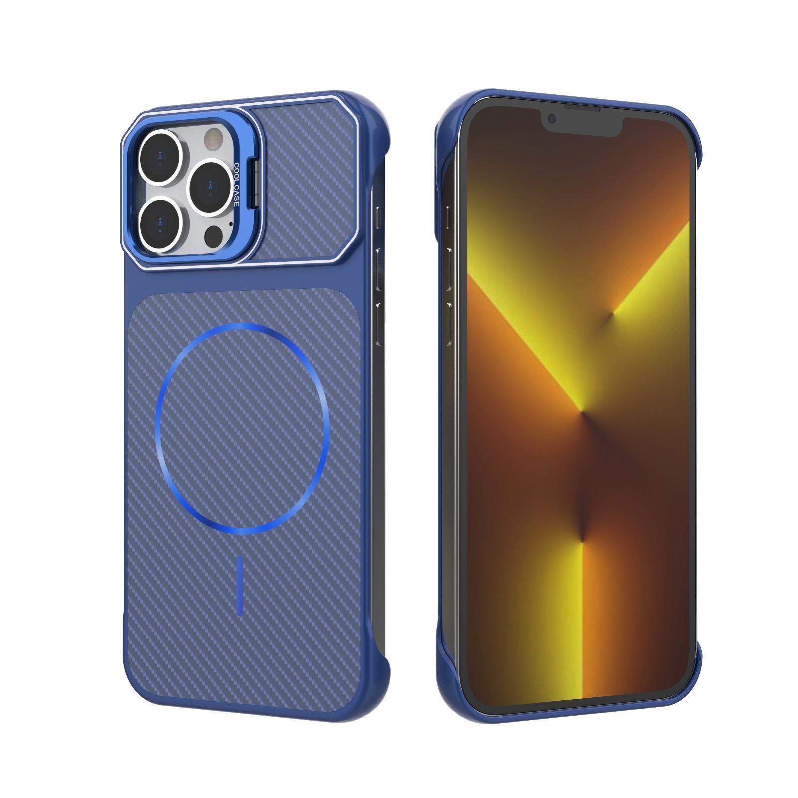 For iPhone 13 Pro Frameless Half-Wrapped Carbon Fiber Texture PC Magnetic Phone Case(Blue) - Shopkiz.com