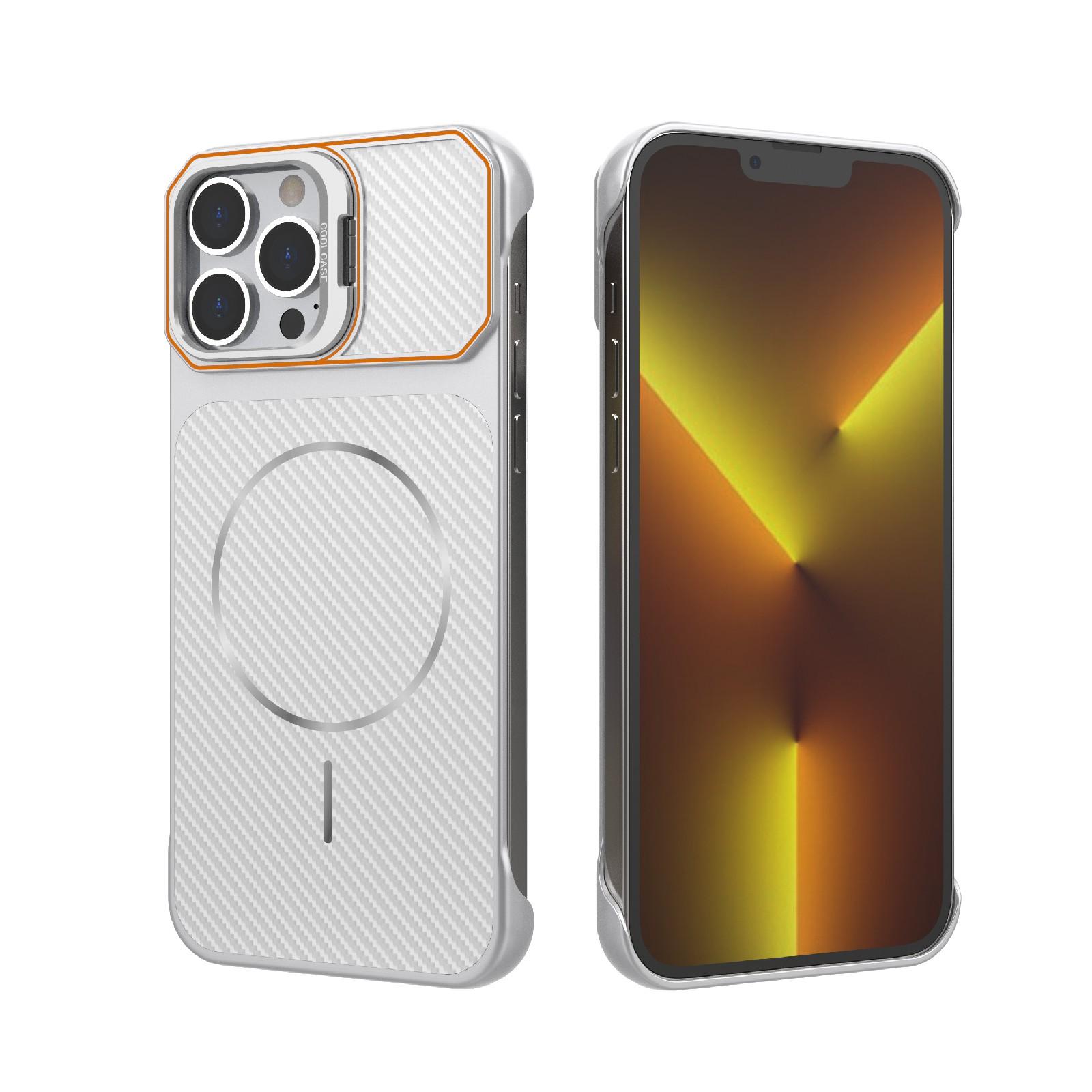 For iPhone 13 Pro Frameless Half-Wrapped Carbon Fiber Texture PC Magnetic Phone Case(Silver) - Shopkiz.com