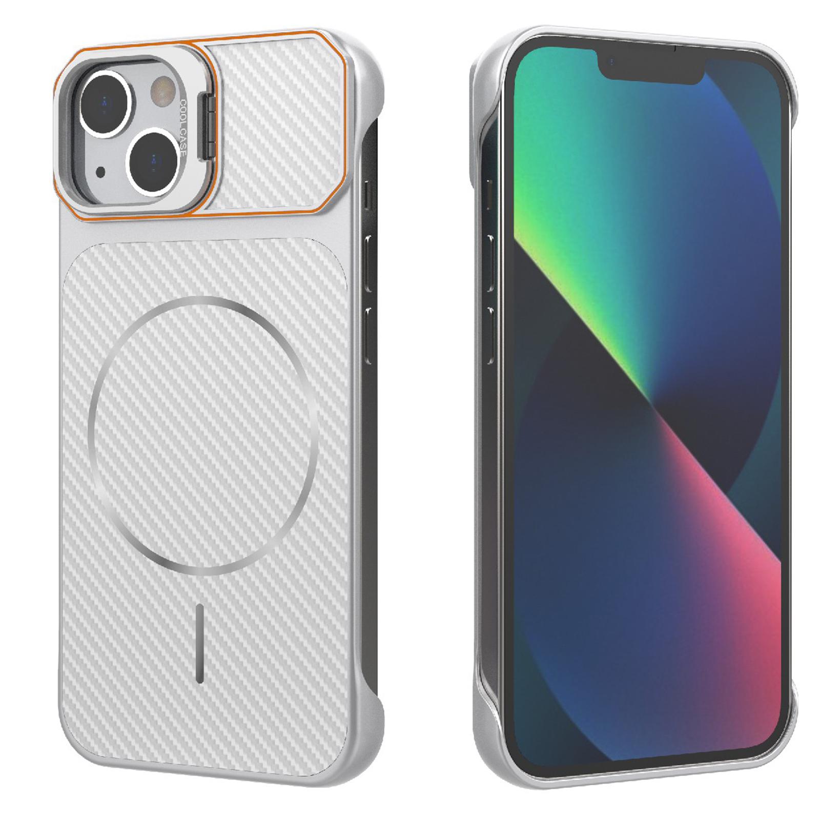 For iPhone 13 Frameless Half-Wrapped Carbon Fiber Texture PC Magnetic Phone Case(Silver) - Shopkiz.com