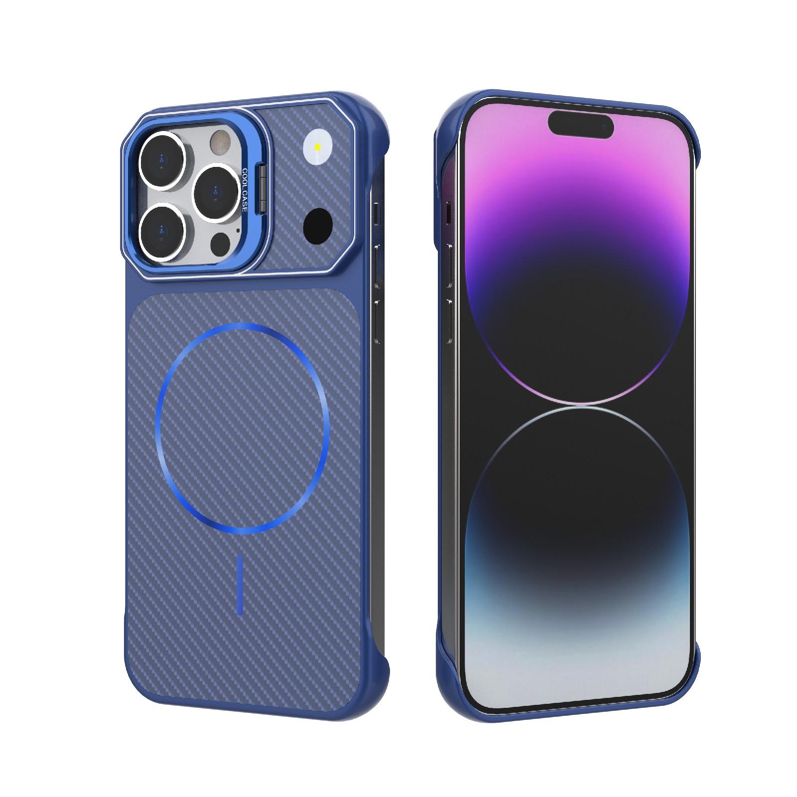 For iPhone 14 Pro Max Frameless Half-Wrapped Carbon Fiber Texture PC Magnetic Phone Case(Blue) - Shopkiz.com