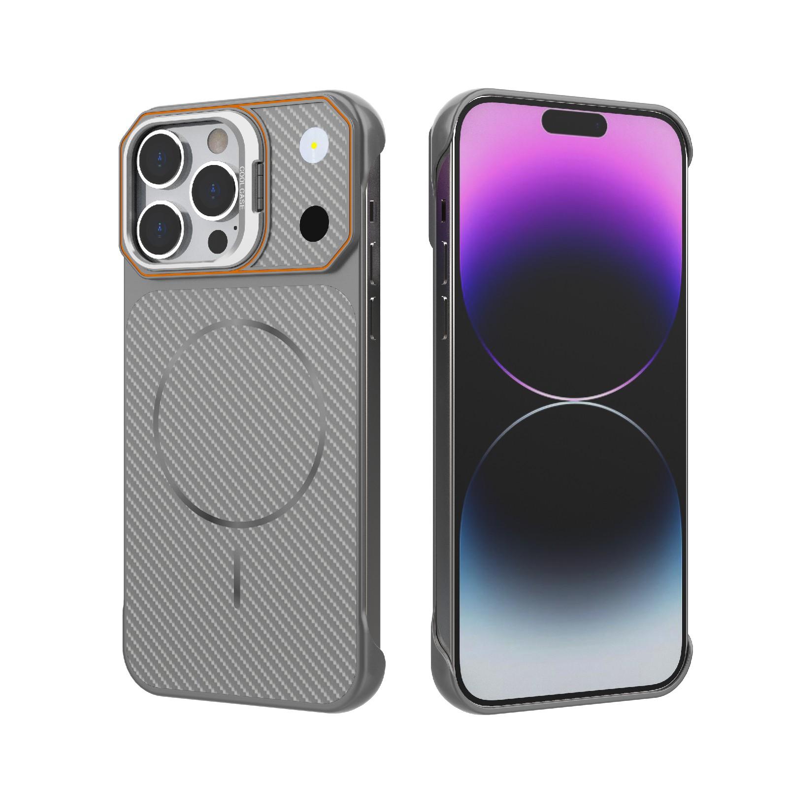 For iPhone 14 Pro Max Frameless Half-Wrapped Carbon Fiber Texture PC Magnetic Phone Case(Gray) - Shopkiz.com