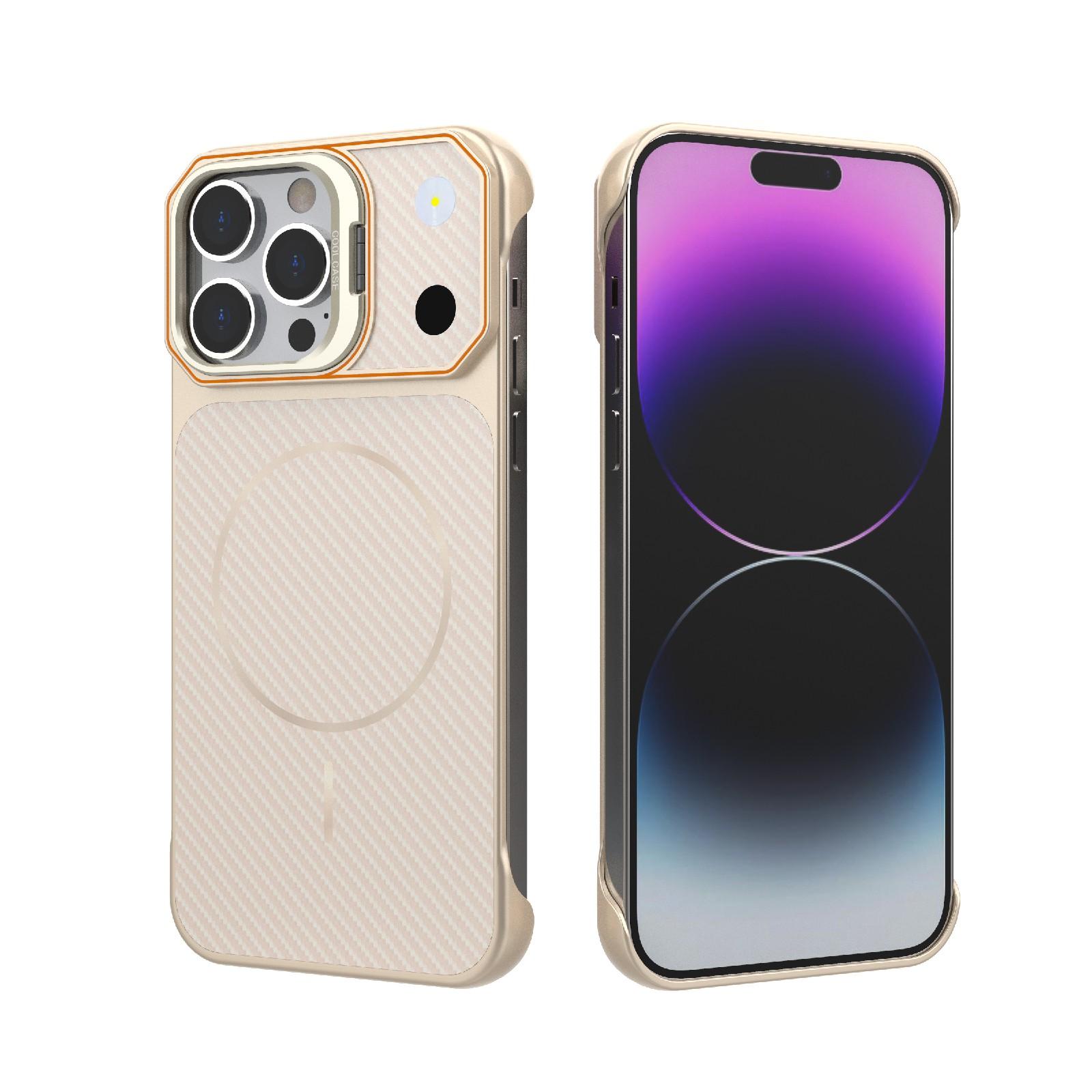 For iPhone 14 Pro Frameless Half-Wrapped Carbon Fiber Texture PC Magnetic Phone Case(Rose Gold) - Shopkiz.com