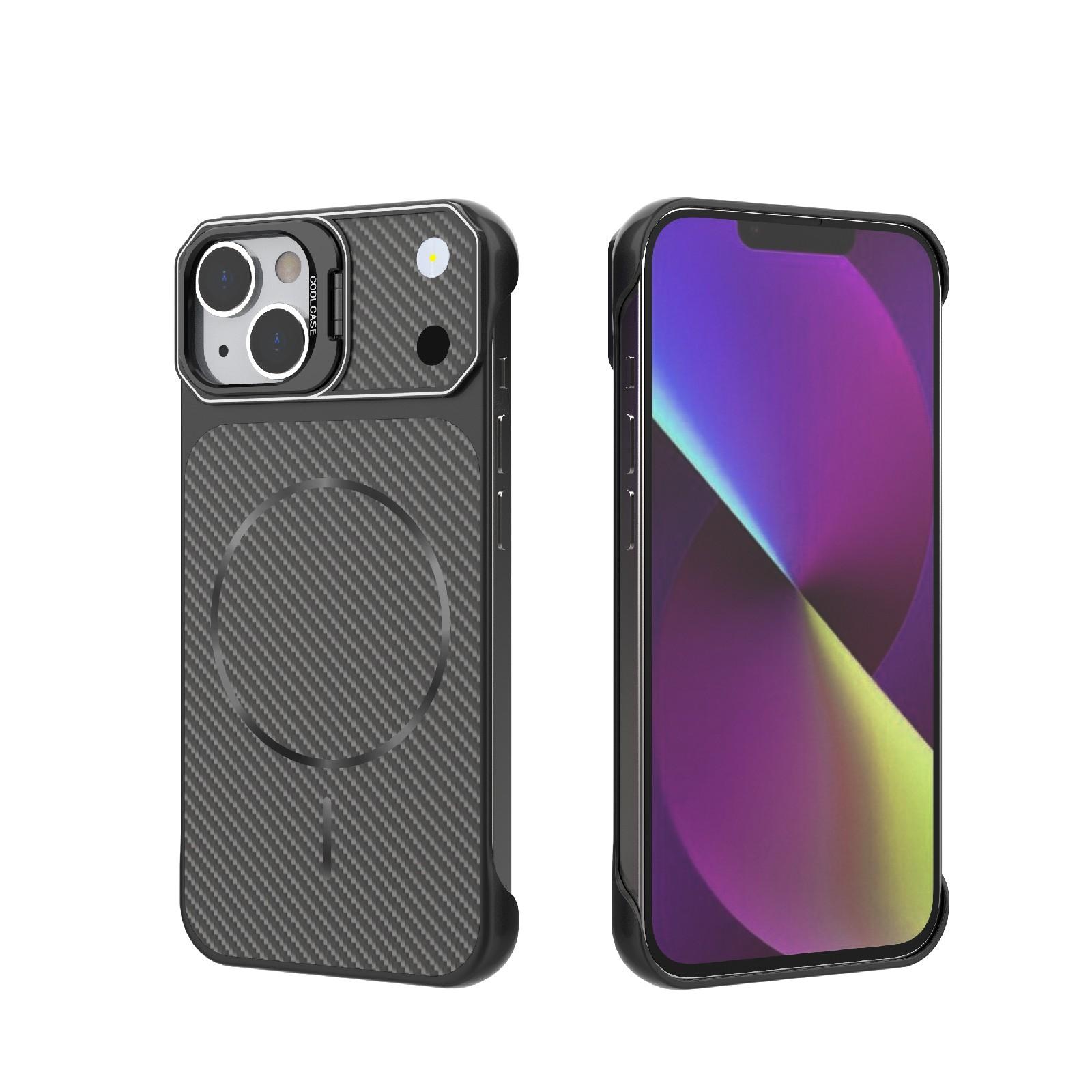 For iPhone 14 Frameless Half-Wrapped Carbon Fiber Texture PC Magnetic Phone Case(Black) - Shopkiz.com