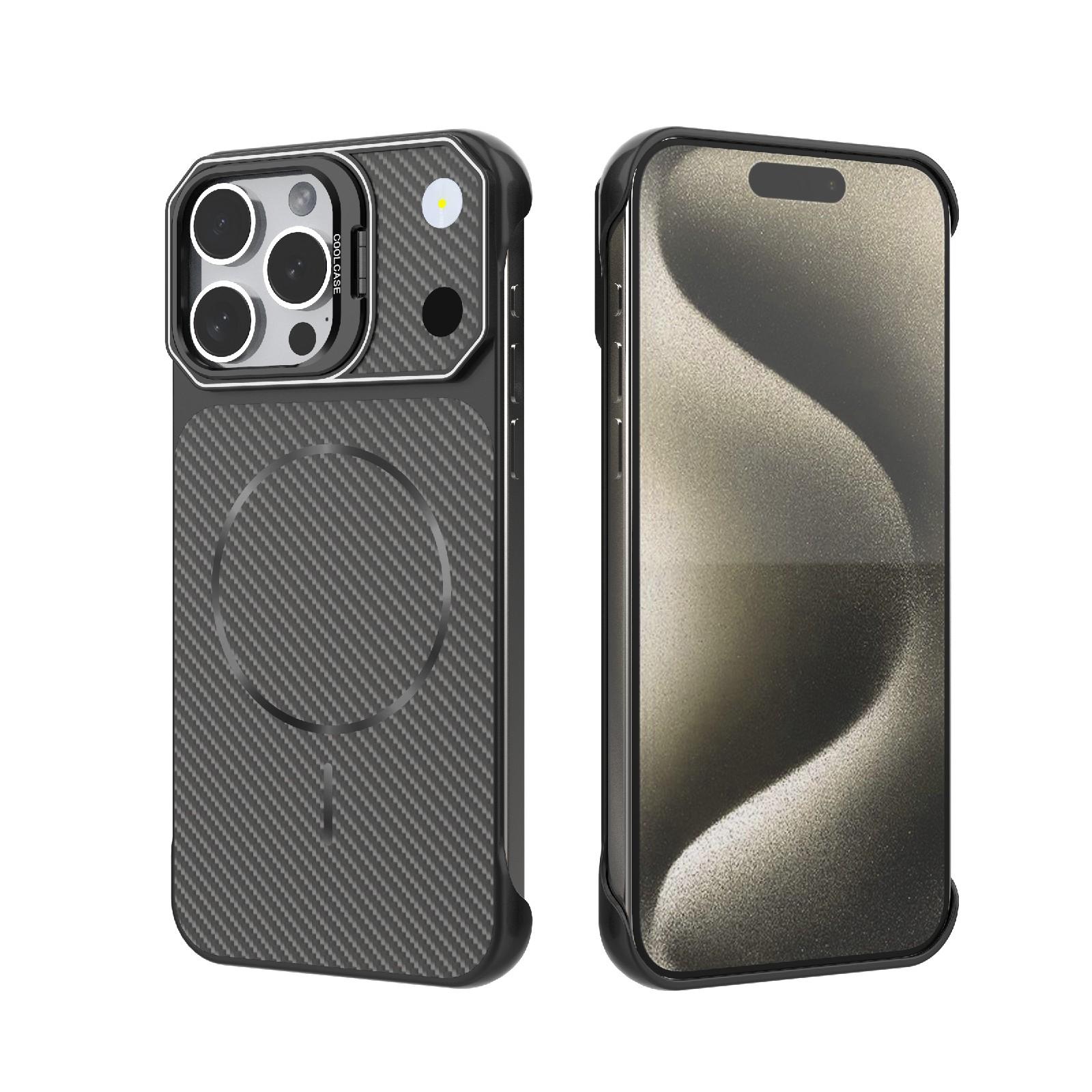 For iPhone 15 Pro Max Frameless Half-Wrapped Carbon Fiber Texture PC Magnetic Phone Case(Black) - Shopkiz.com