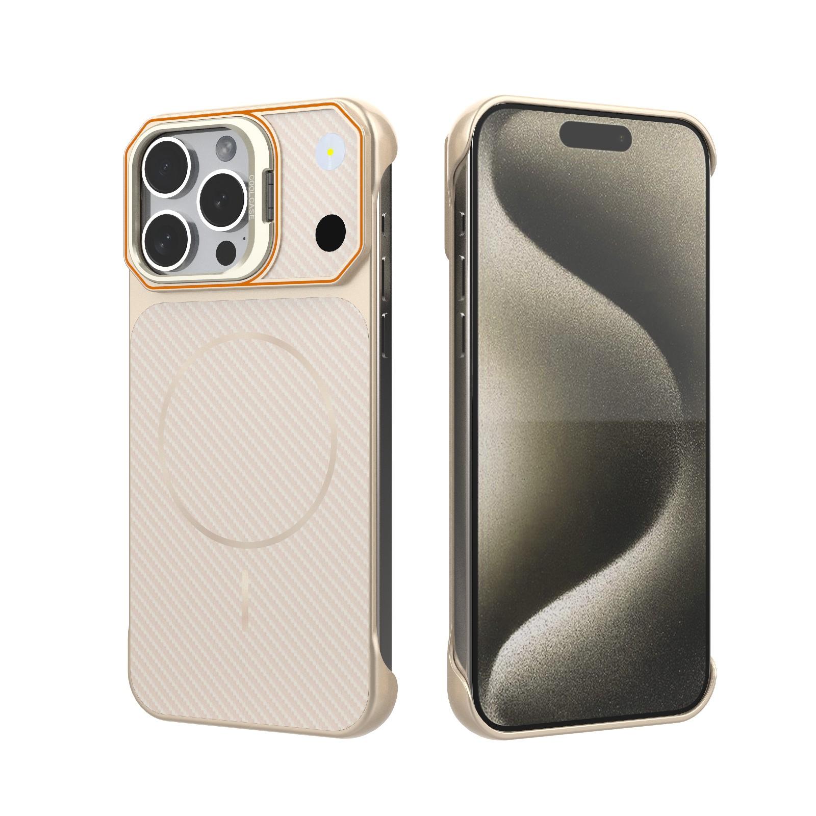 For iPhone 15 Pro Max Frameless Half-Wrapped Carbon Fiber Texture PC Magnetic Phone Case(Rose Gold) - Shopkiz.com