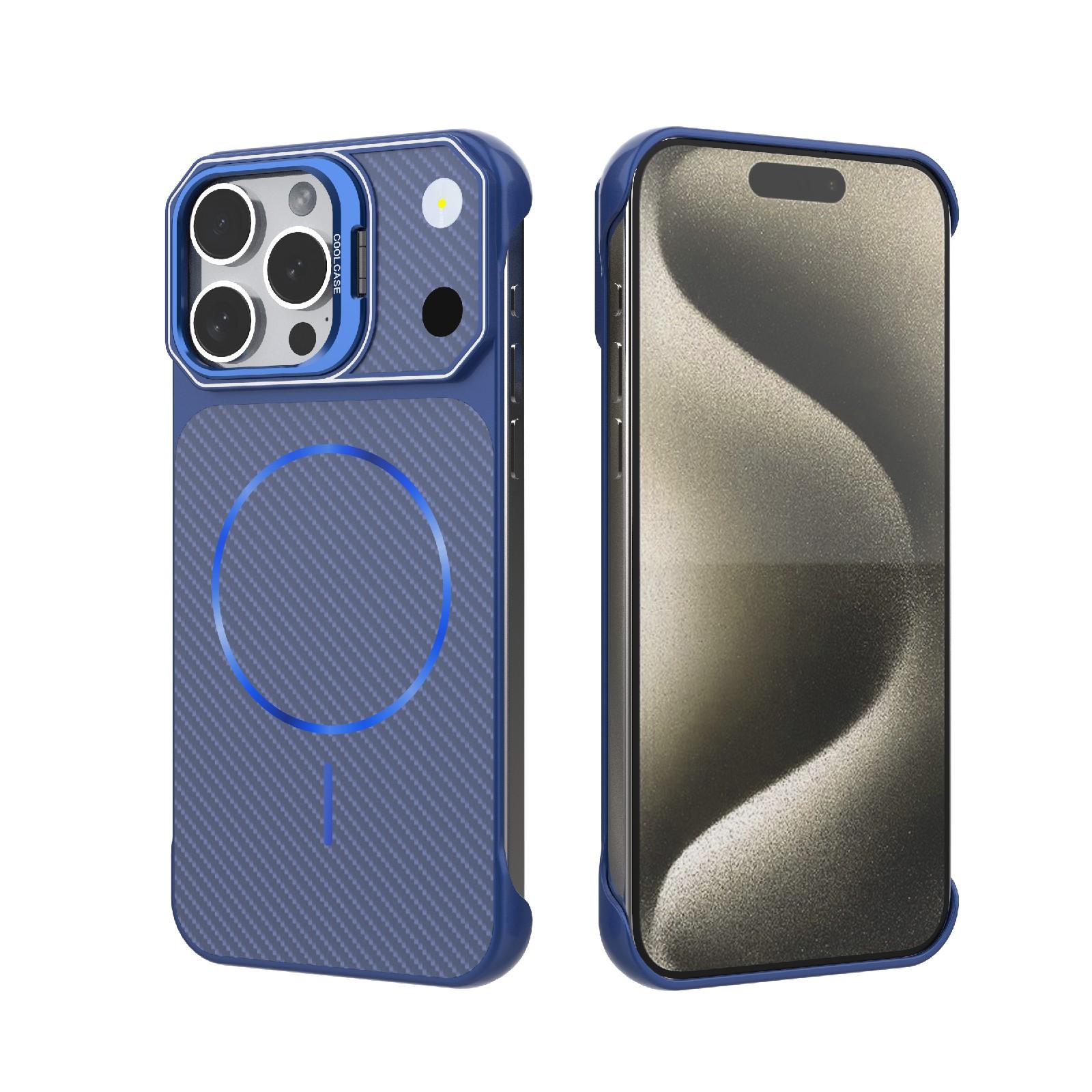 For iPhone 15 Pro Max Frameless Half-Wrapped Carbon Fiber Texture PC Magnetic Phone Case(Blue) - Shopkiz.com