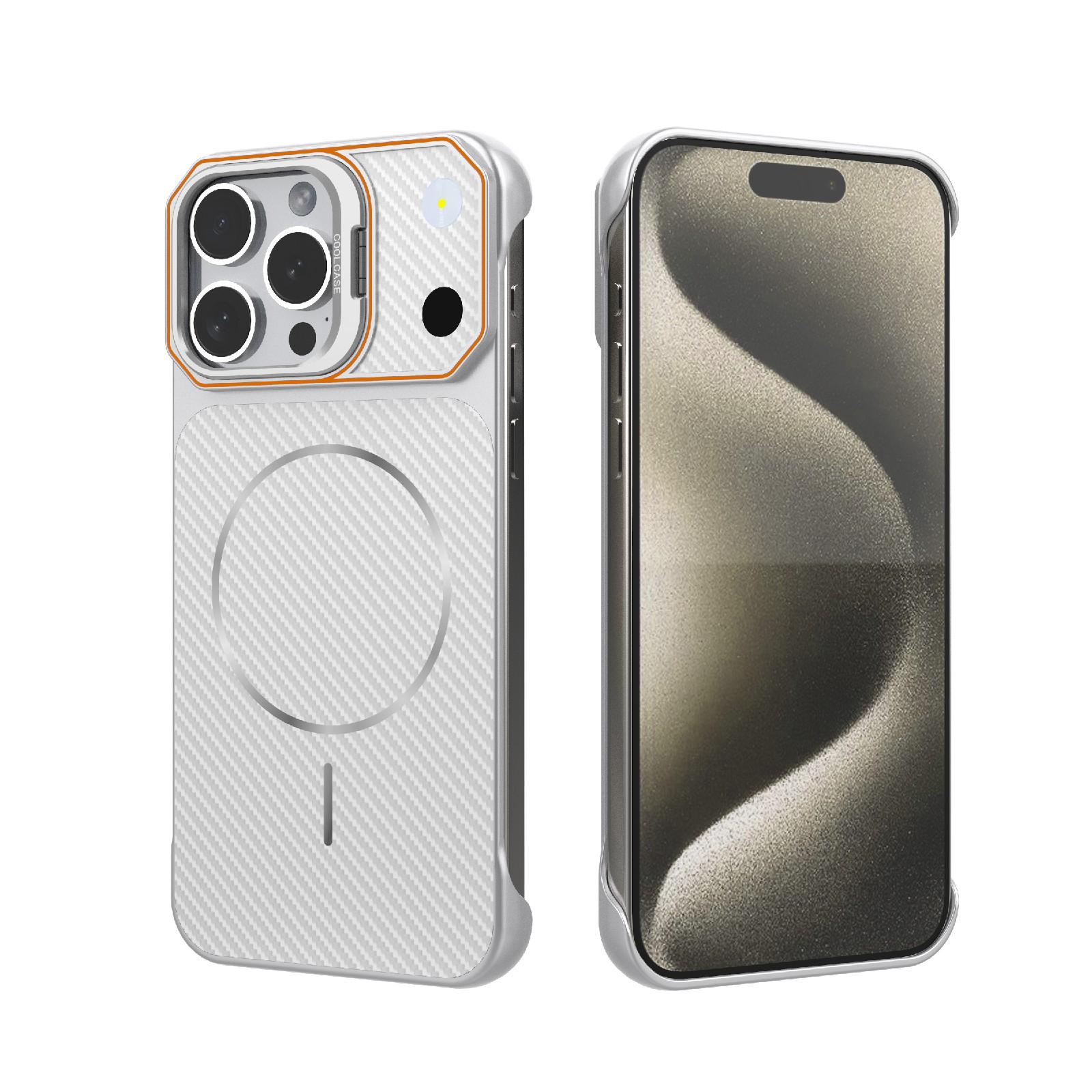 For iPhone 15 Pro Max Frameless Half-Wrapped Carbon Fiber Texture PC Magnetic Phone Case(Silver) - Shopkiz.com
