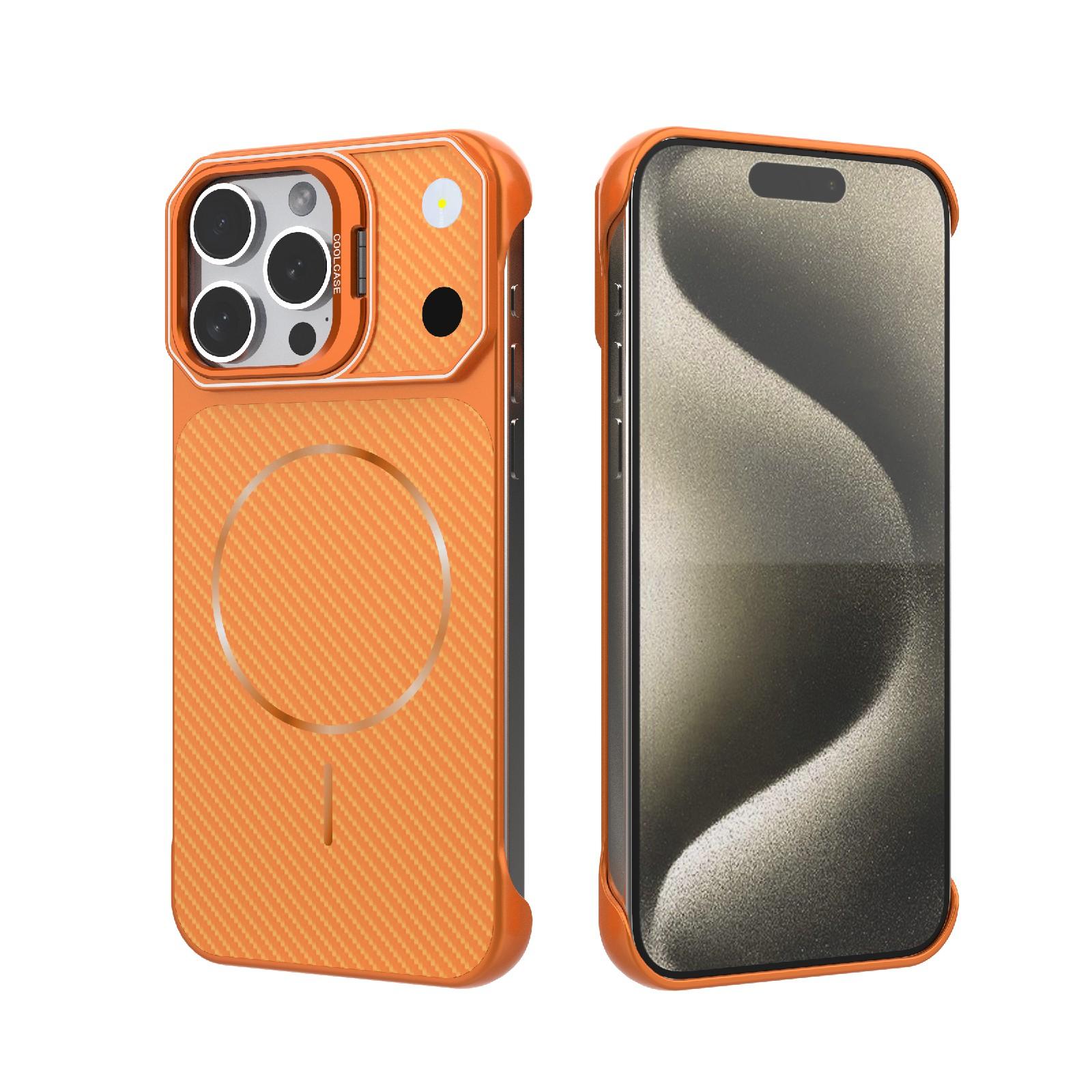 For iPhone 15 Pro Max Frameless Half-Wrapped Carbon Fiber Texture PC Magnetic Phone Case(Orange) - Shopkiz.com