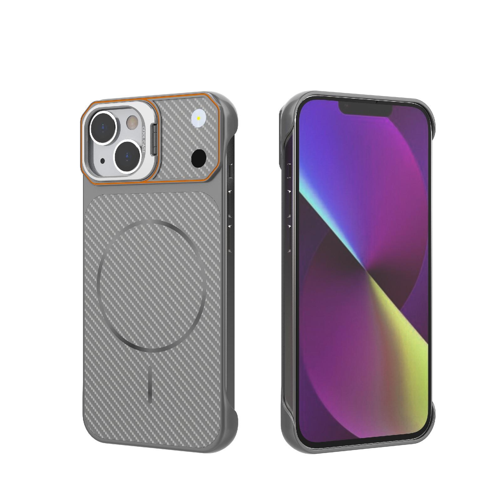 For iPhone 15 Frameless Half-Wrapped Carbon Fiber Texture PC Magnetic Phone Case(Gray) - Shopkiz.com