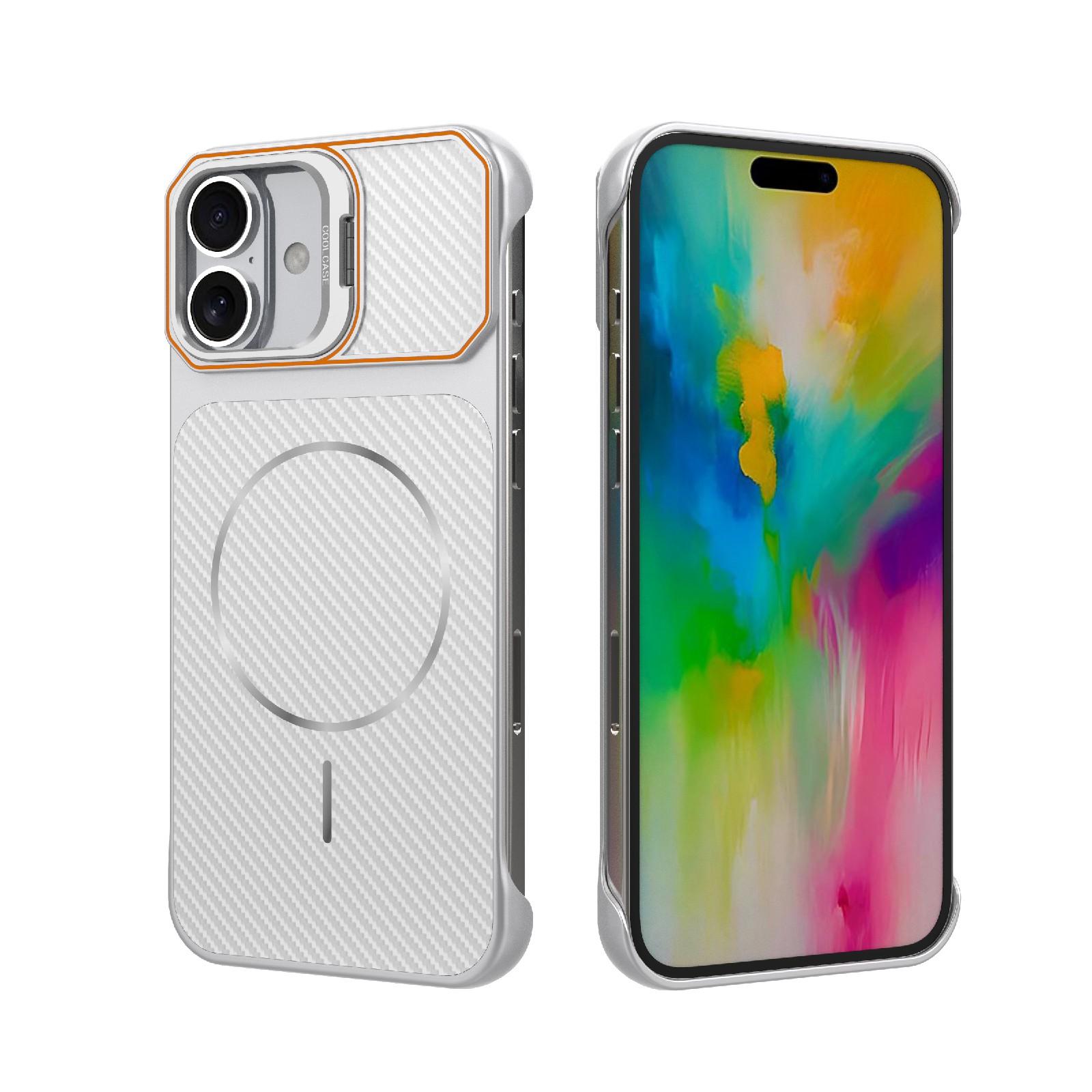 For iPhone 16 Plus Frameless Half-Wrapped Carbon Fiber Texture PC Magnetic Phone Case(Silver) - Shopkiz.com