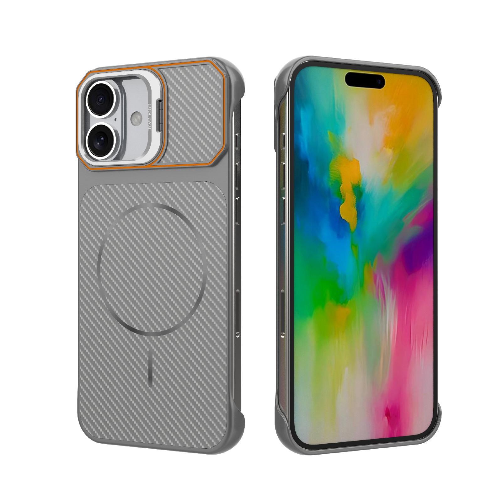 For iPhone 16 Plus Frameless Half-Wrapped Carbon Fiber Texture PC Magnetic Phone Case(Gray) - Shopkiz.com