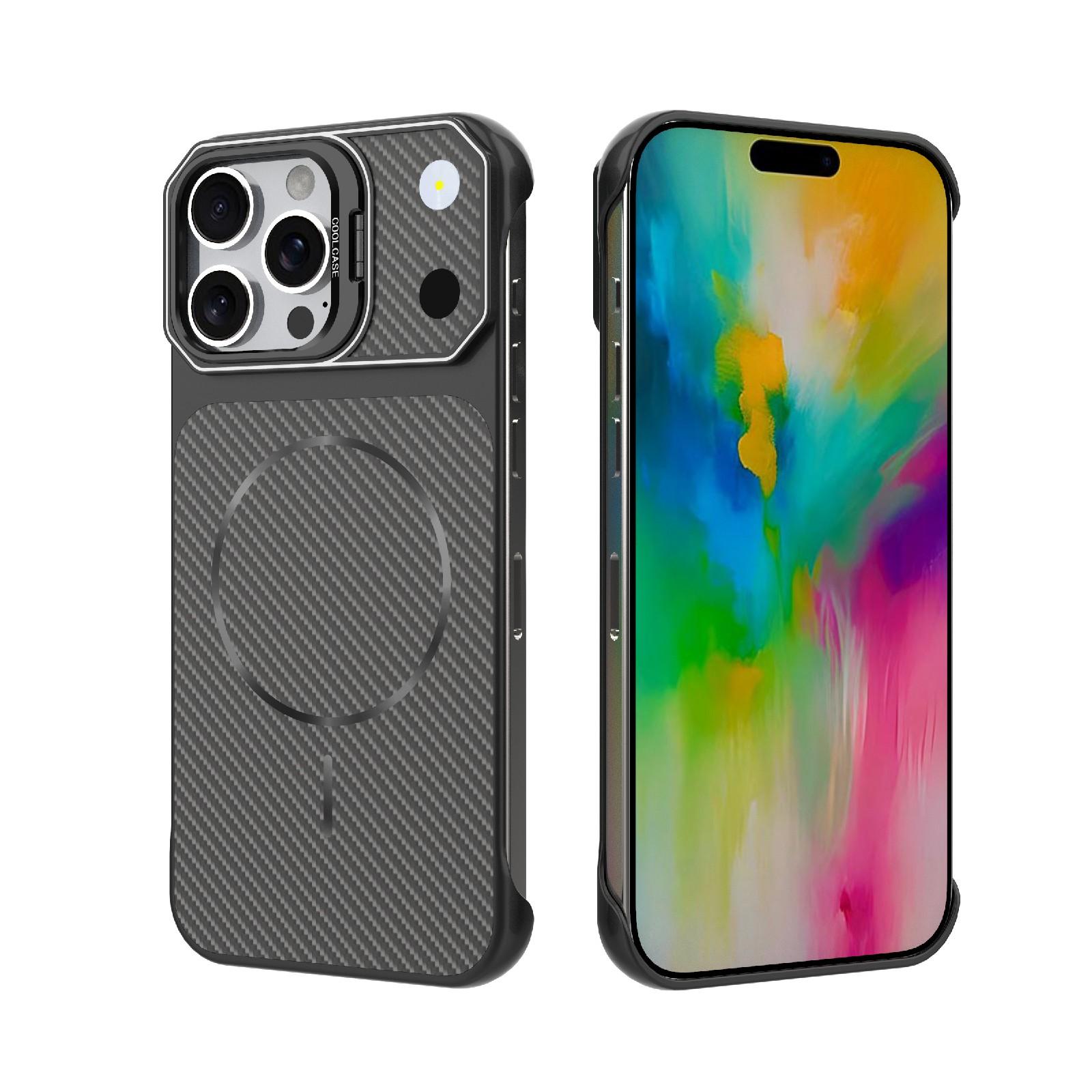 For iPhone 16 Pro Max Frameless Half-Wrapped Carbon Fiber Texture PC Magnetic Phone Case(Black) - Shopkiz.com