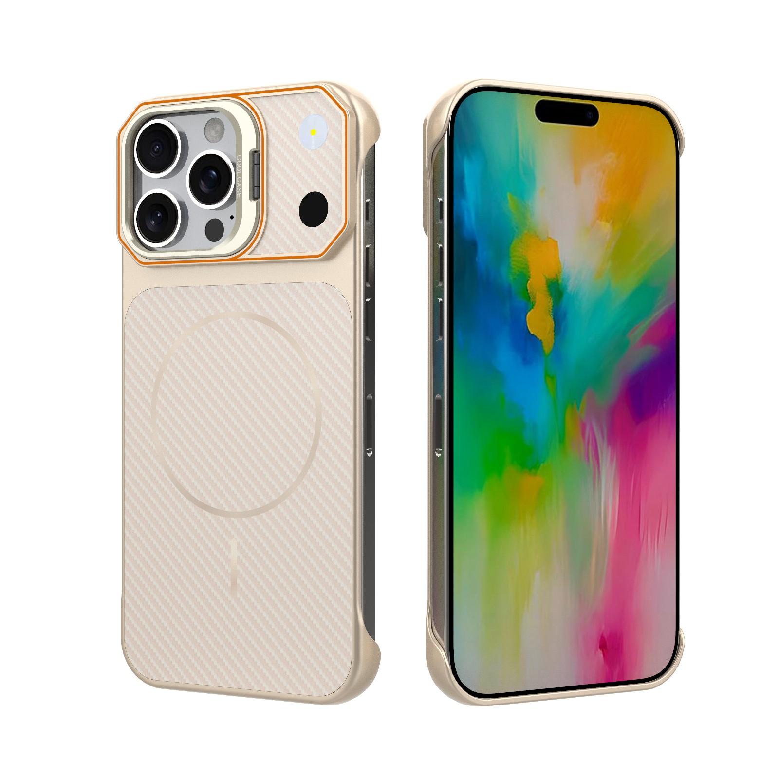 For iPhone 16 Pro Max Frameless Half-Wrapped Carbon Fiber Texture PC Magnetic Phone Case(Rose Gold) - Shopkiz.com