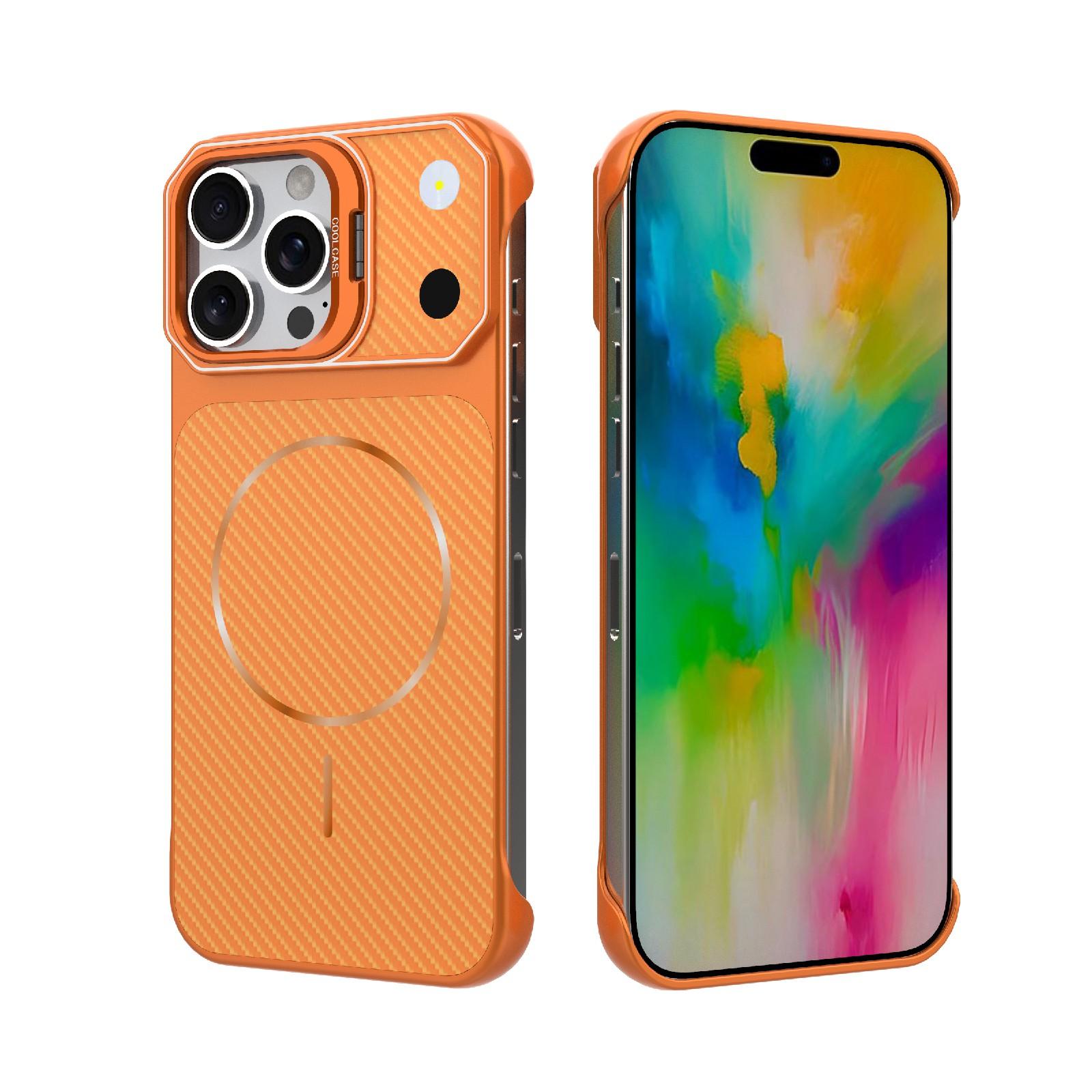 For iPhone 16 Pro Frameless Half-Wrapped Carbon Fiber Texture PC Magnetic Phone Case(Orange) - Shopkiz.com