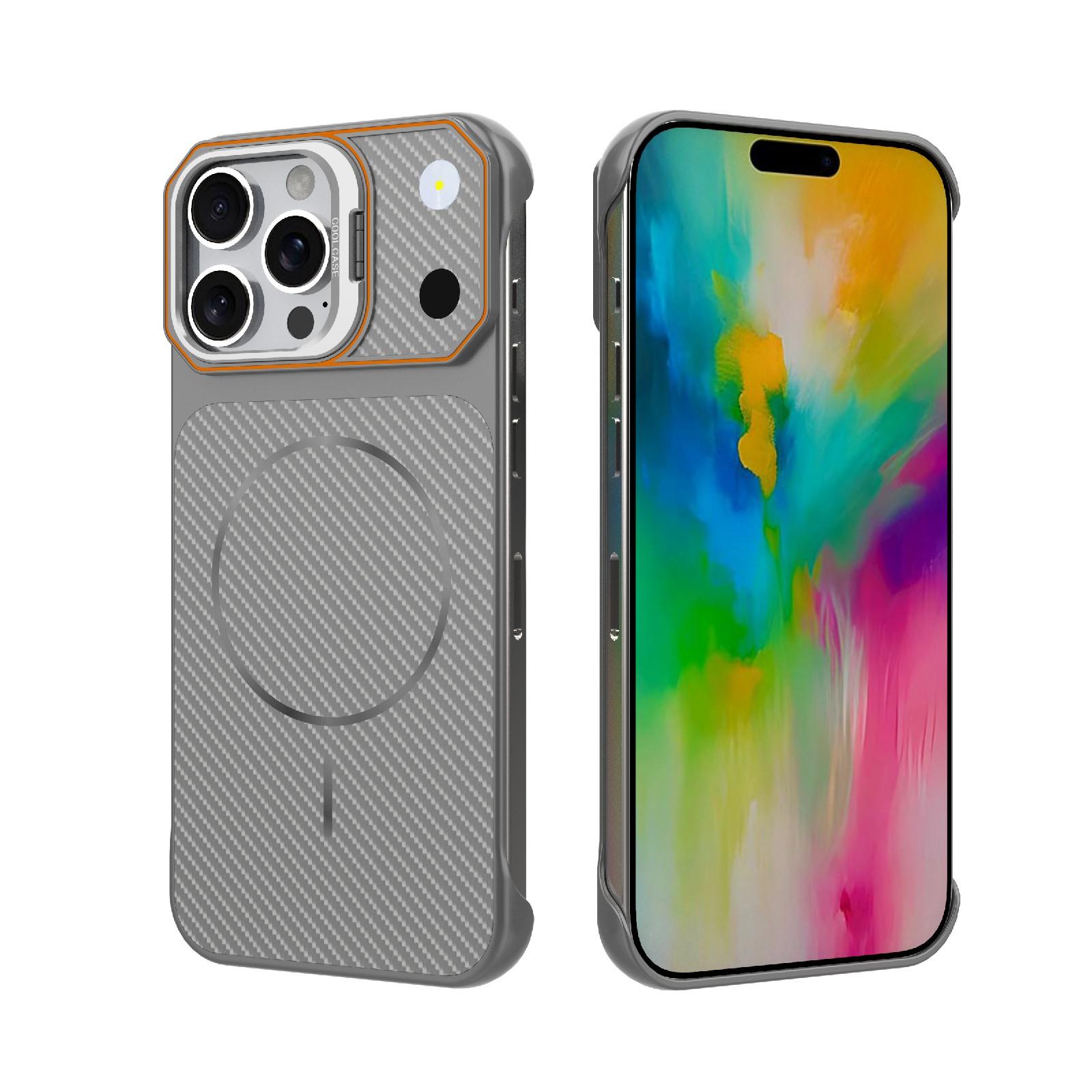 For iPhone 16 Pro Frameless Half-Wrapped Carbon Fiber Texture PC Magnetic Phone Case(Gray) - Shopkiz.com