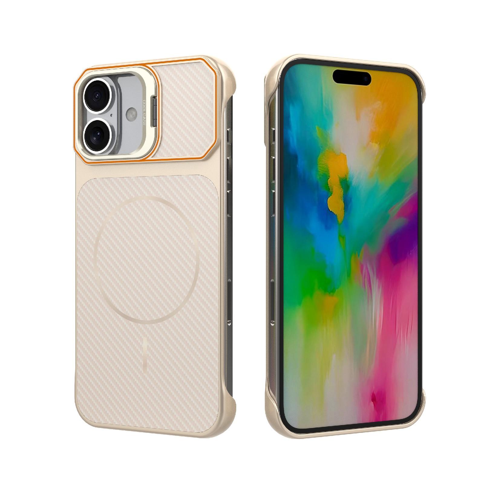 For iPhone 16 Frameless Half-Wrapped Carbon Fiber Texture PC Magnetic Phone Case(Rose Gold) - Shopkiz.com