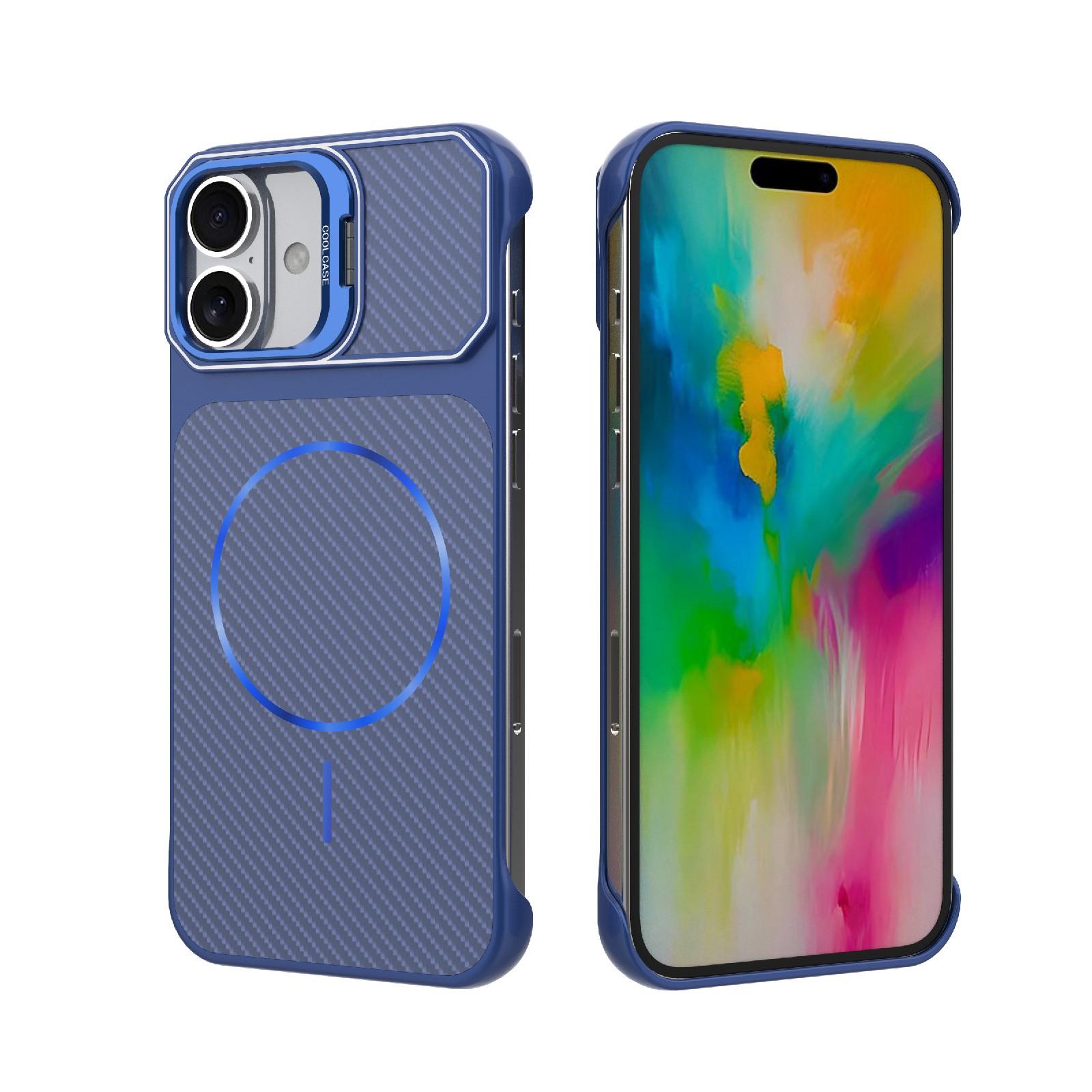 For iPhone 16 Frameless Half-Wrapped Carbon Fiber Texture PC Magnetic Phone Case(Blue) - Shopkiz.com