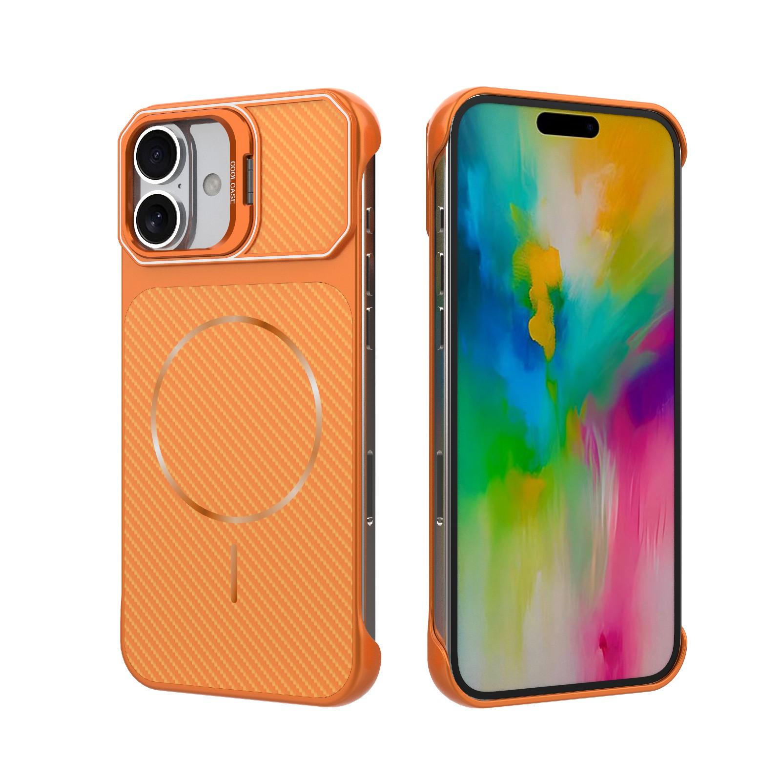 For iPhone 16 Frameless Half-Wrapped Carbon Fiber Texture PC Magnetic Phone Case(Orange) - Shopkiz.com