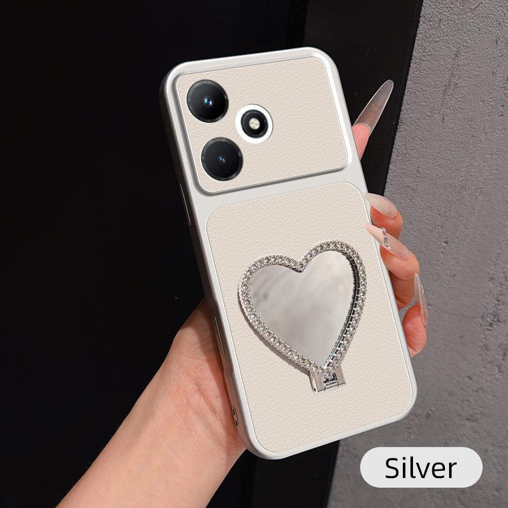 For Infinix Hot 30i Lambskin Series Skin Feel Shockproof Phone Case with Heart Mirror Holder(Silver) - Shopkiz.com