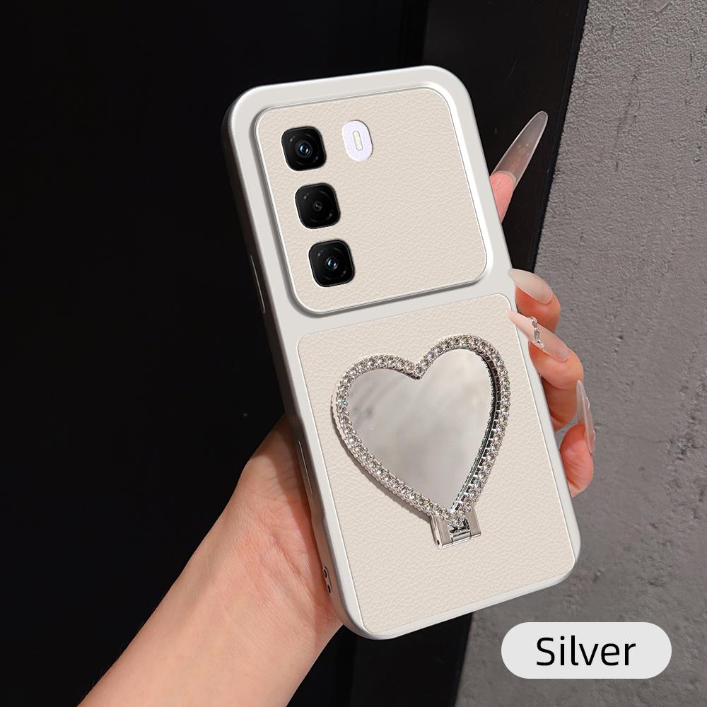 For Infinix Hot 50 Pro+ 4G Lambskin Series Skin Feel Shockproof Phone Case with Heart Mirror Holder(Silver) - Shopkiz.com
