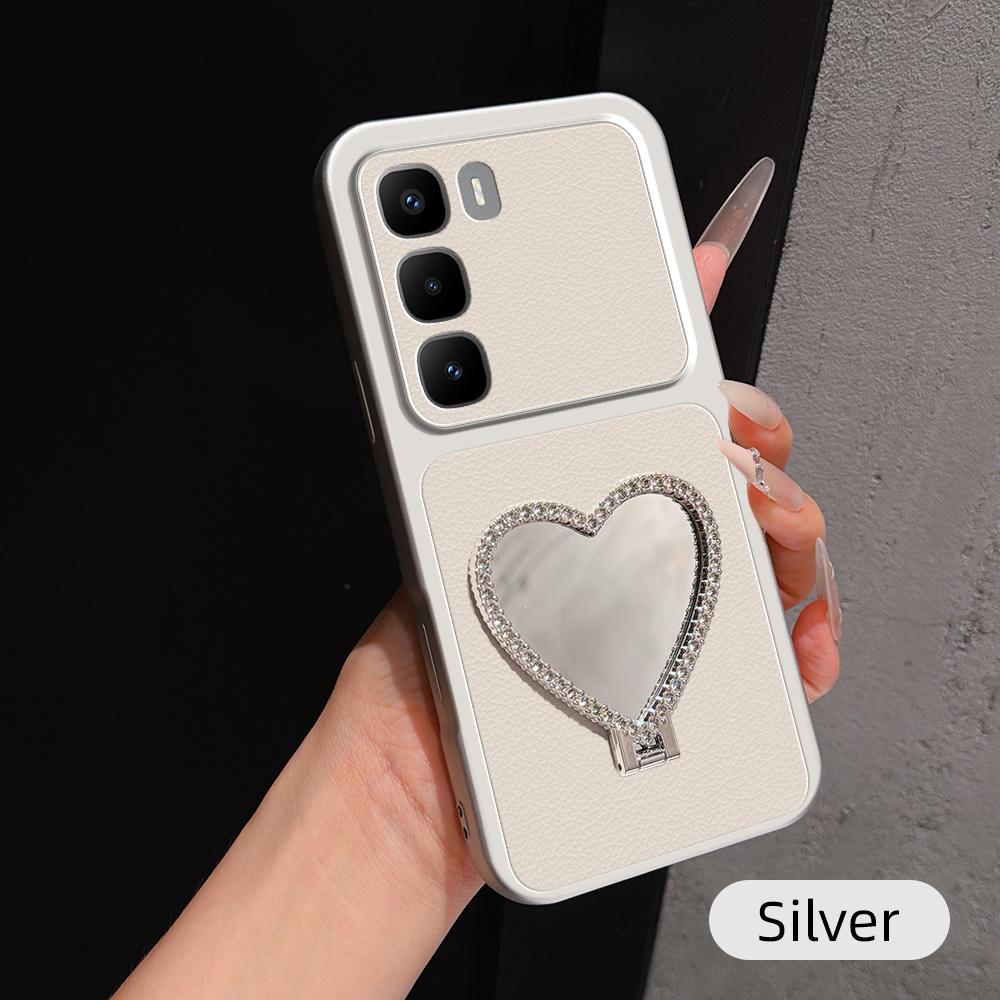 For Infinix Hot 60 Pro+ 4G Lambskin Series Skin Feel Shockproof Phone Case with Heart Mirror Holder(Silver) - Shopkiz.com