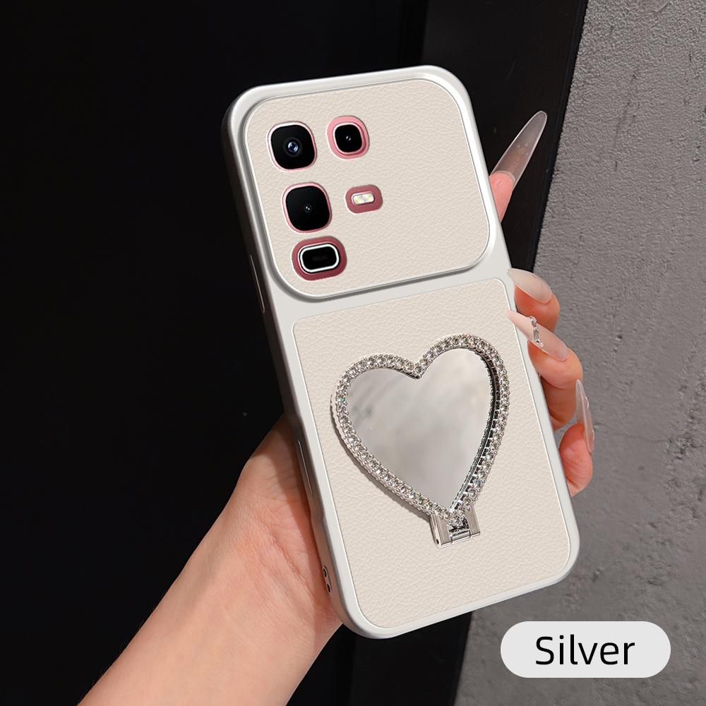 For Infinix Note 50s Lambskin Series Skin Feel Shockproof Phone Case with Heart Mirror Holder(Silver) - Shopkiz.com