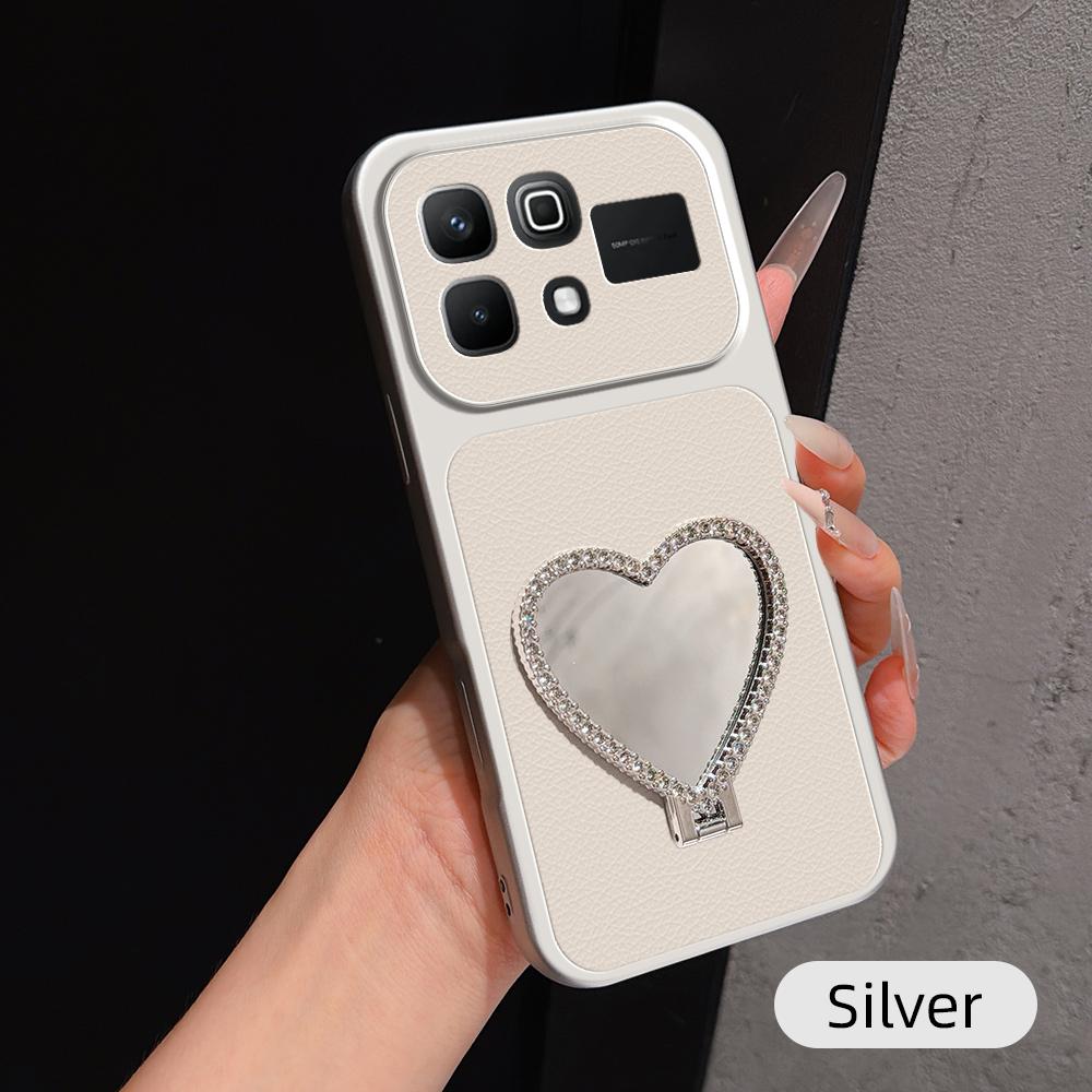 For Infinix Note 60 5G Lambskin Series Skin Feel Shockproof Phone Case with Heart Mirror Holder(Silver) - Shopkiz.com
