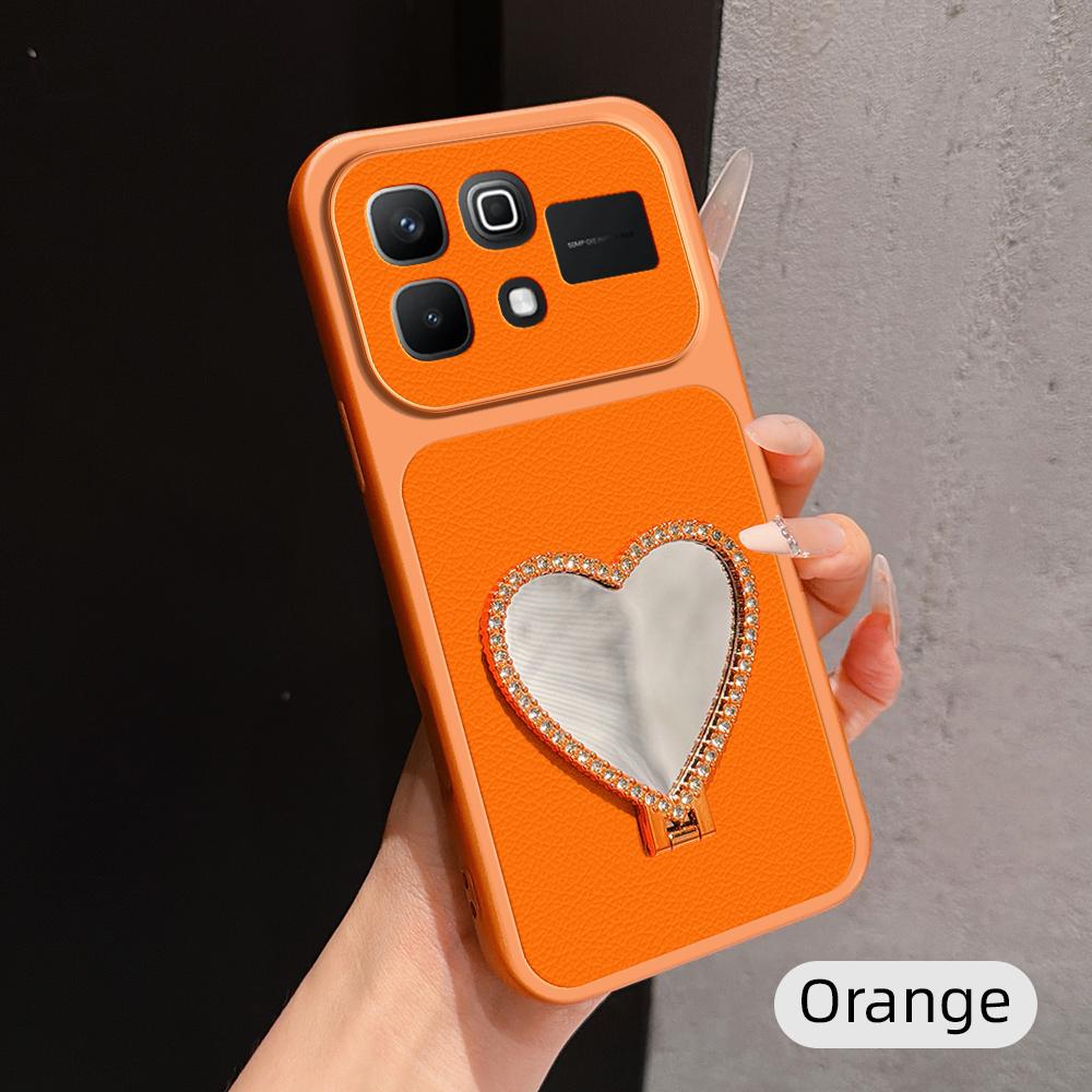 For Infinix Note 60 5G Lambskin Series Skin Feel Shockproof Phone Case with Heart Mirror Holder(Orange) - Shopkiz.com