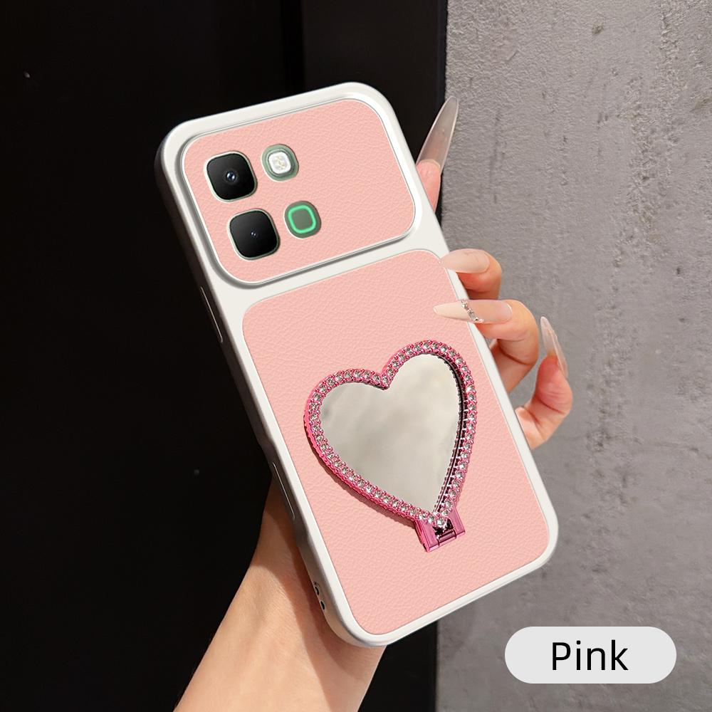 For Infinix Note Edge 5G Lambskin Series Skin Feel Shockproof Phone Case with Heart Mirror Holder(Pink) - Shopkiz.com