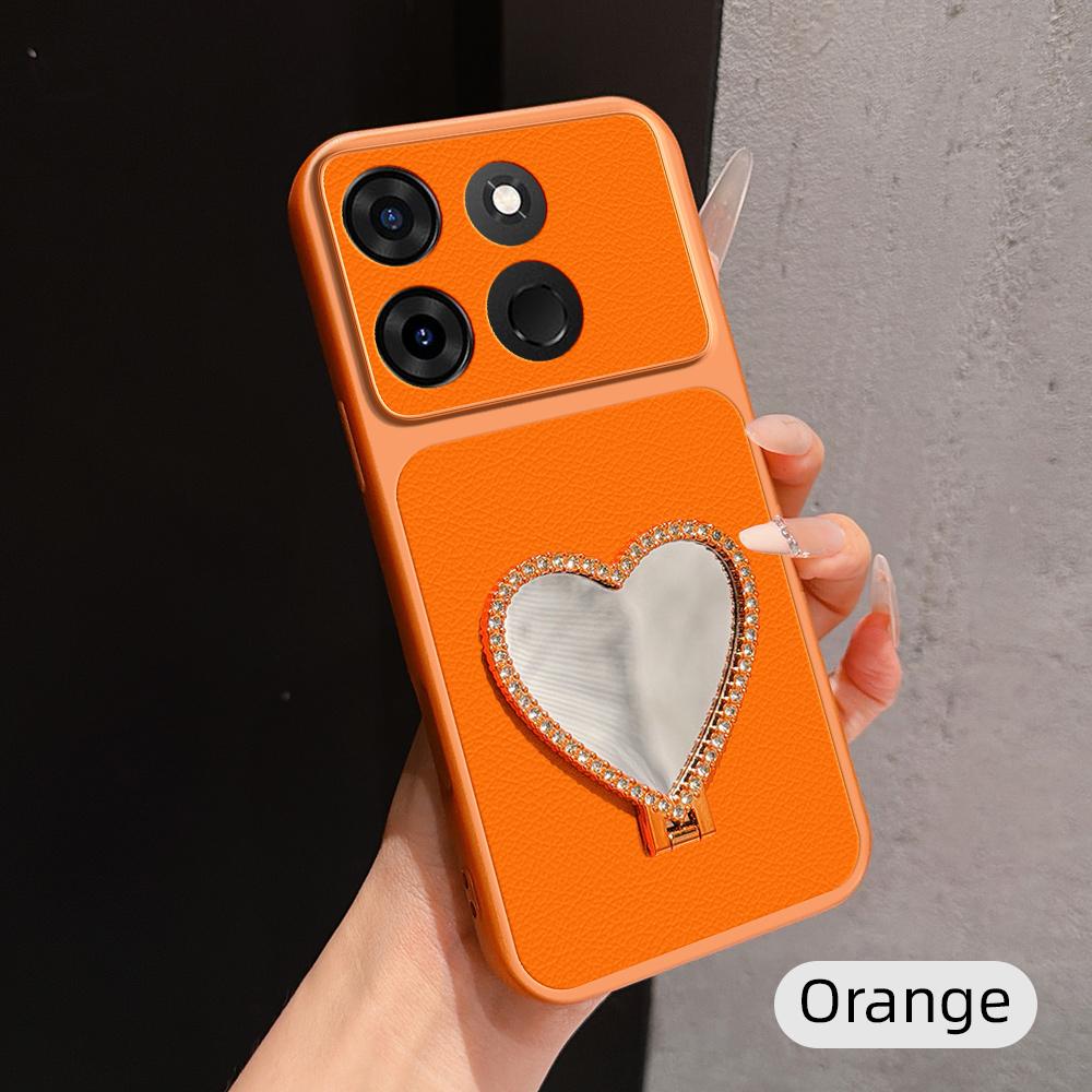For Infinix Smart 7 Lambskin Series Skin Feel Shockproof Phone Case with Heart Mirror Holder(Orange) - Shopkiz.com