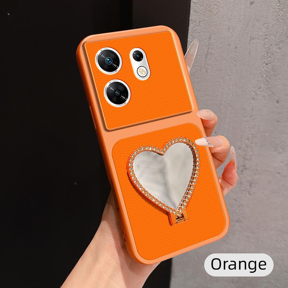 For Infinix Zero 30 4G Lambskin Series Skin Feel Shockproof Phone Case with Heart Mirror Holder(Orange) - Shopkiz.com