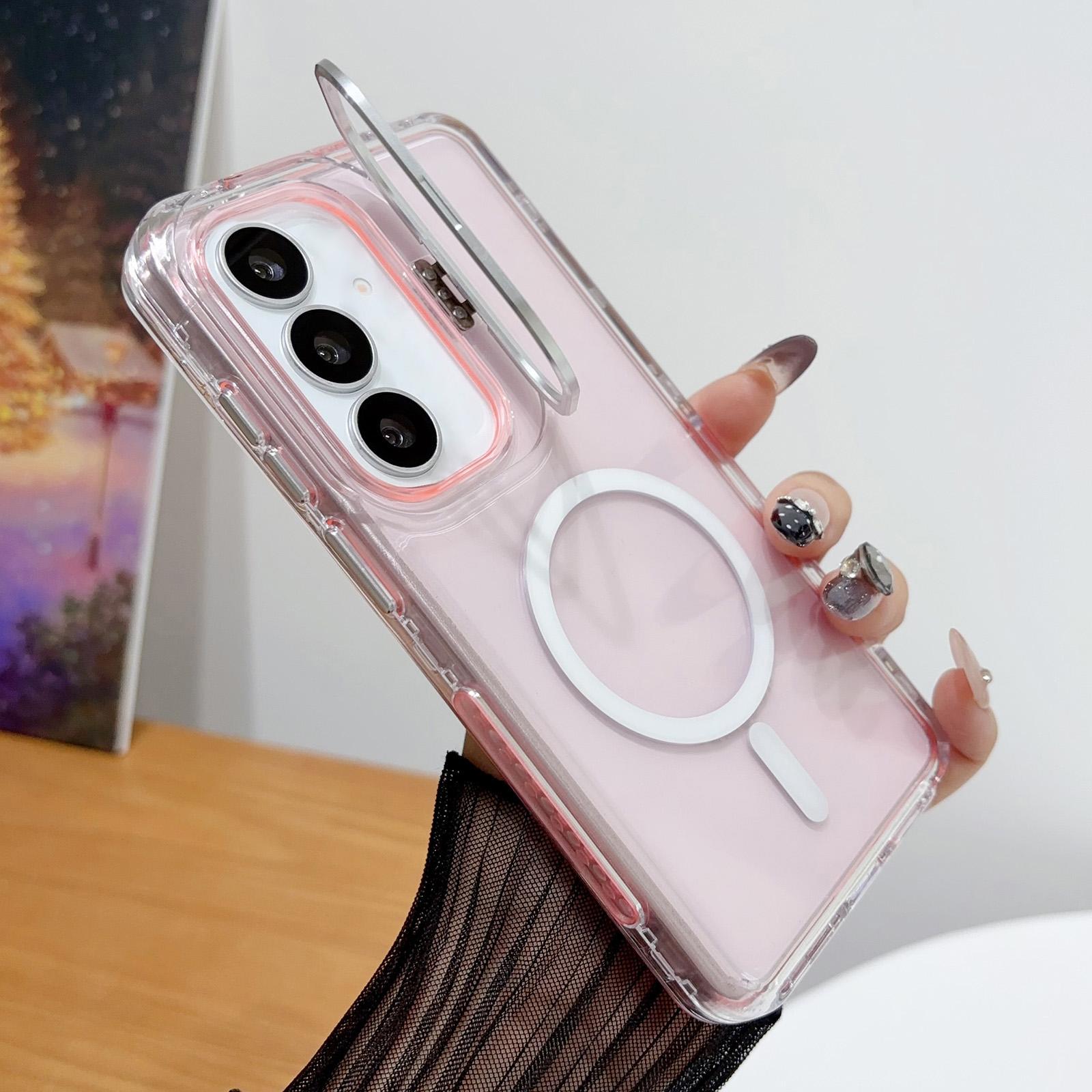 For Galaxy S25 5G Crystal Clear Camera Lens Holder Magnetic Phone Case(Pink) - Shopkiz.com