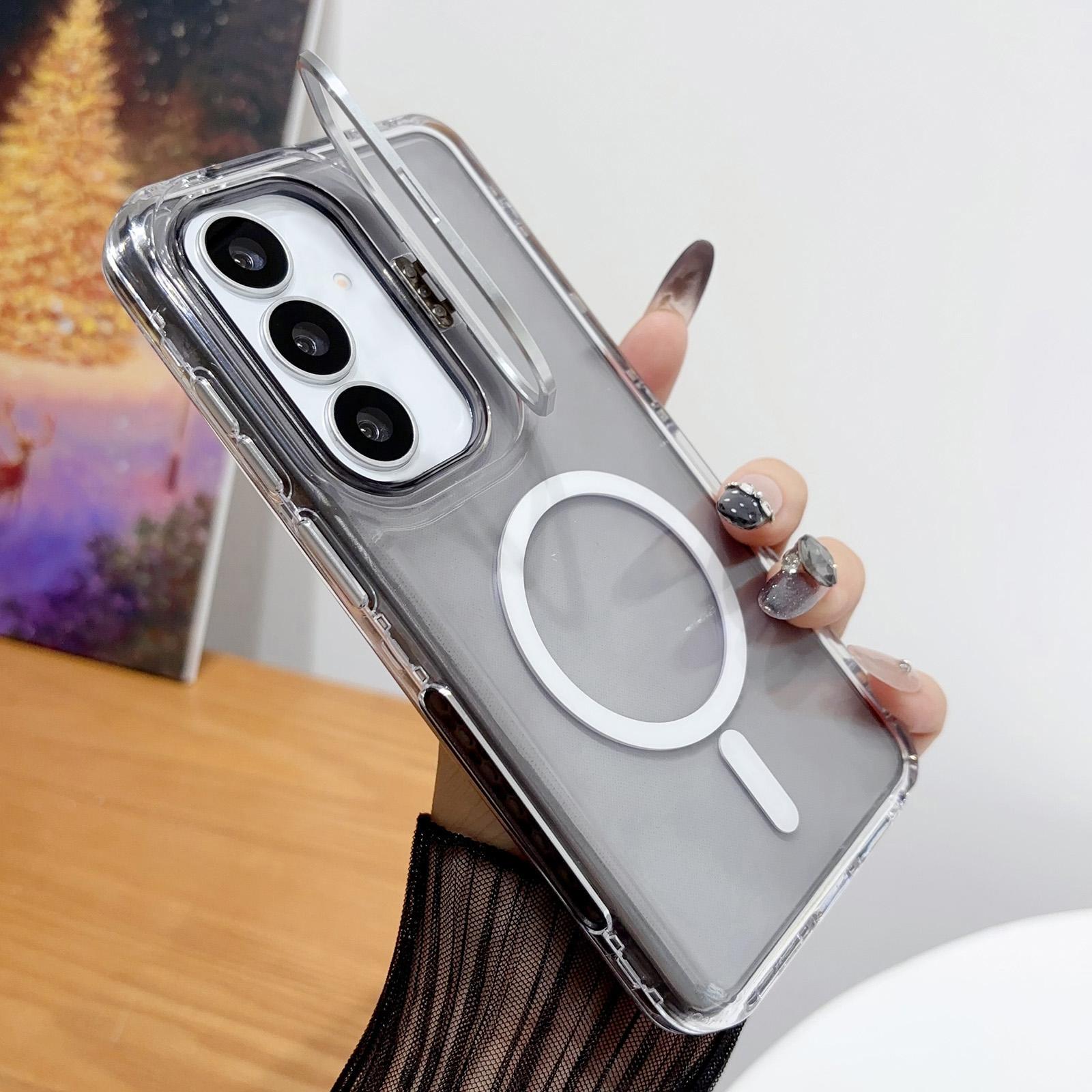For Galaxy S25 5G Crystal Clear Camera Lens Holder Magnetic Phone Case(Black) - Shopkiz.com