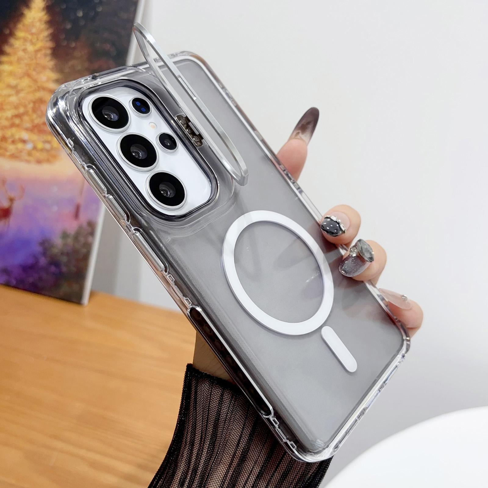 For Galaxy S24 Ultra 5G Crystal Clear Camera Lens Holder Magnetic Phone Case(Black) - Shopkiz.com
