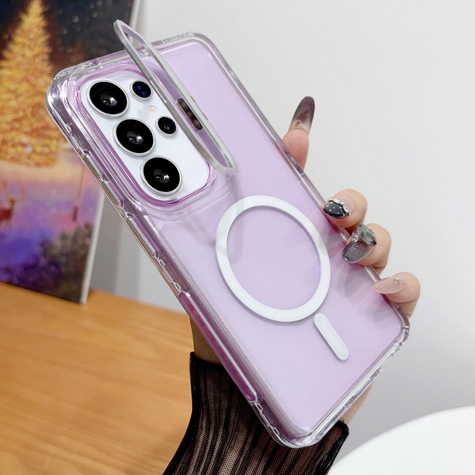 For Galaxy S24 Ultra 5G Crystal Clear Camera Lens Holder Magnetic Phone Case(Purple) - Shopkiz.com
