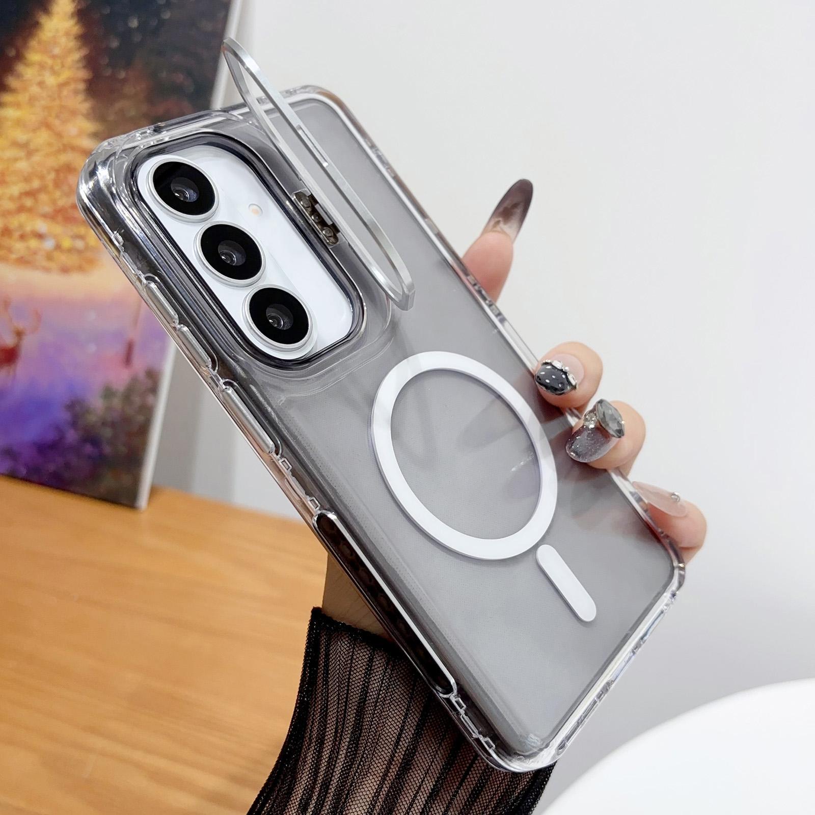 For Galaxy A36 5G / A56 5G Crystal Clear Camera Lens Holder Magnetic Phone Case(Black) - Shopkiz.com