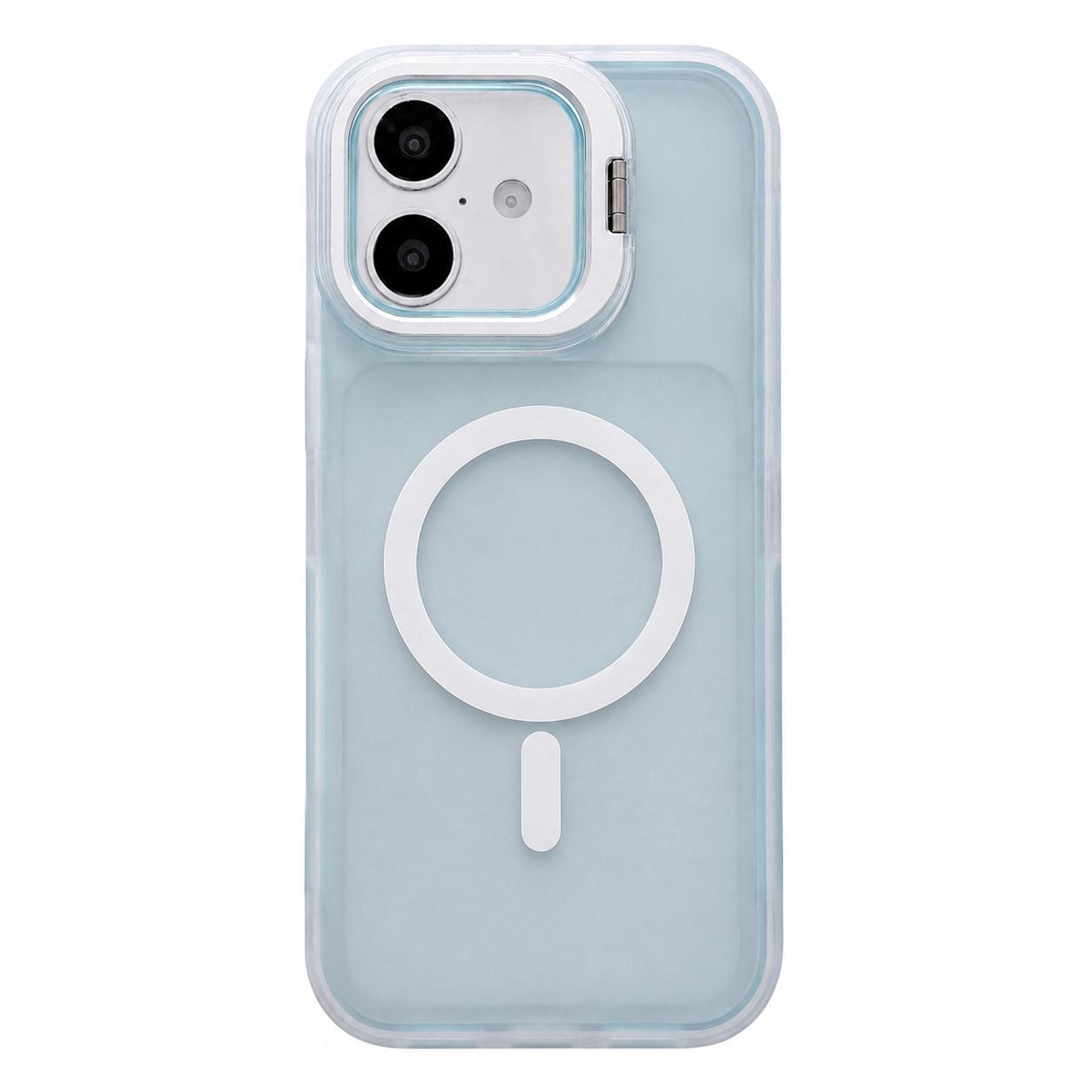 For iPhone 16 Plus Skin Feel Frosted Camera Lens Holder Magnetic Phone Case(Blue) - Shopkiz.com
