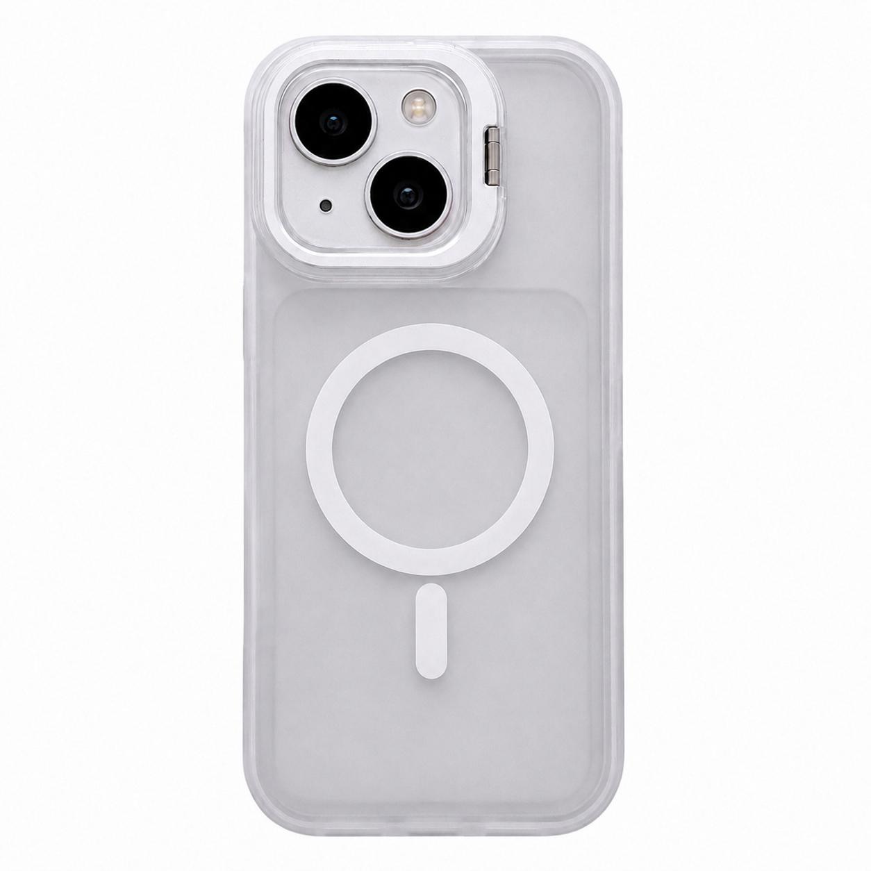 For iPhone 14 Plus Skin Feel Frosted Camera Lens Holder Magnetic Phone Case(White) - Shopkiz.com