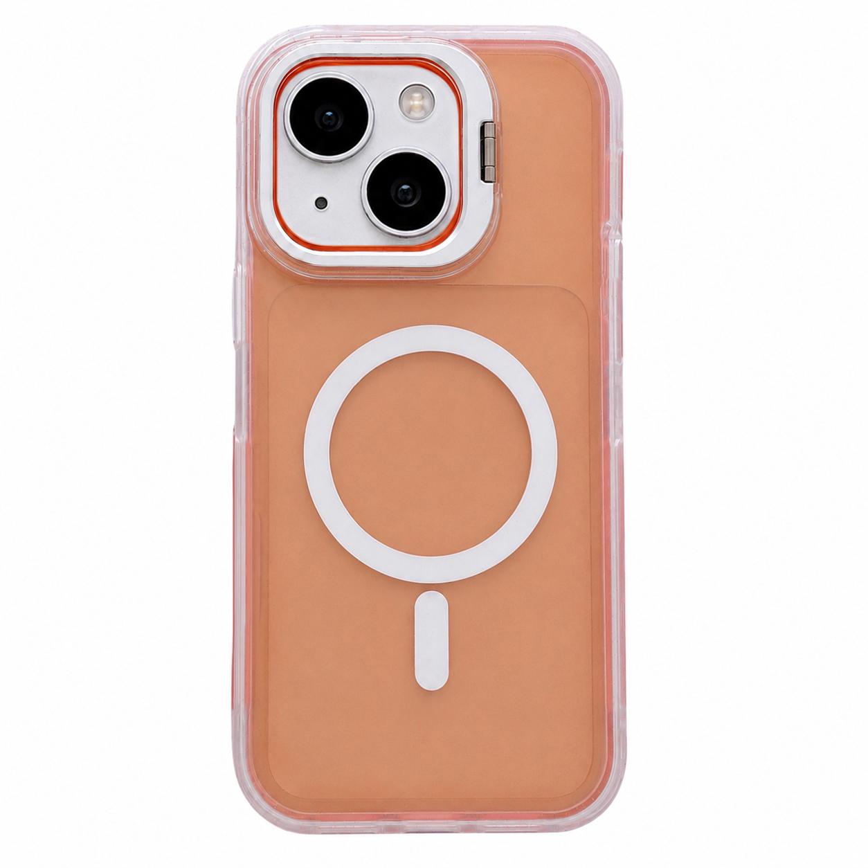 For iPhone 14 Plus Skin Feel Frosted Camera Lens Holder Magnetic Phone Case(Orange) - Shopkiz.com