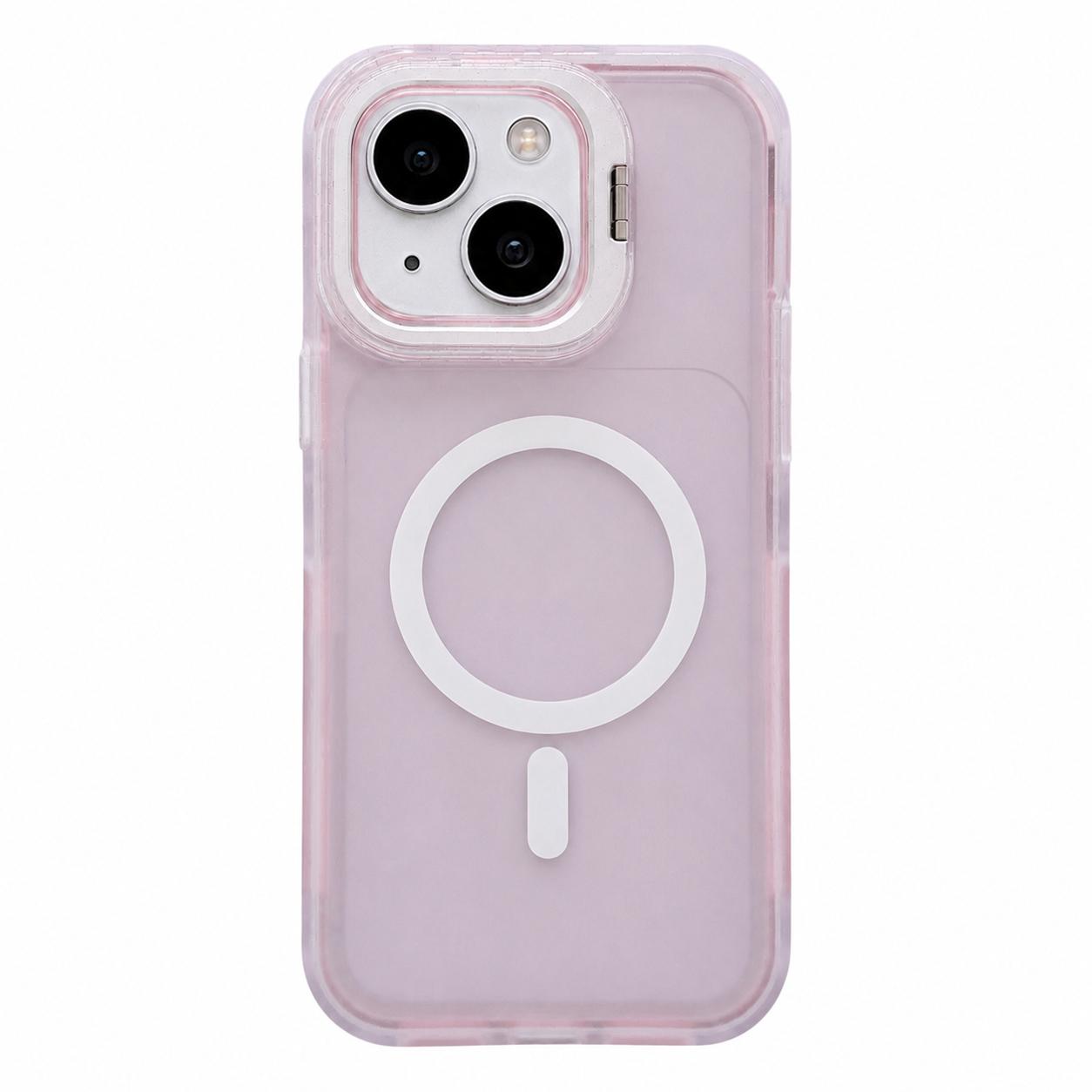 For iPhone 14 Skin Feel Frosted Camera Lens Holder Magnetic Phone Case(Pink) - Shopkiz.com